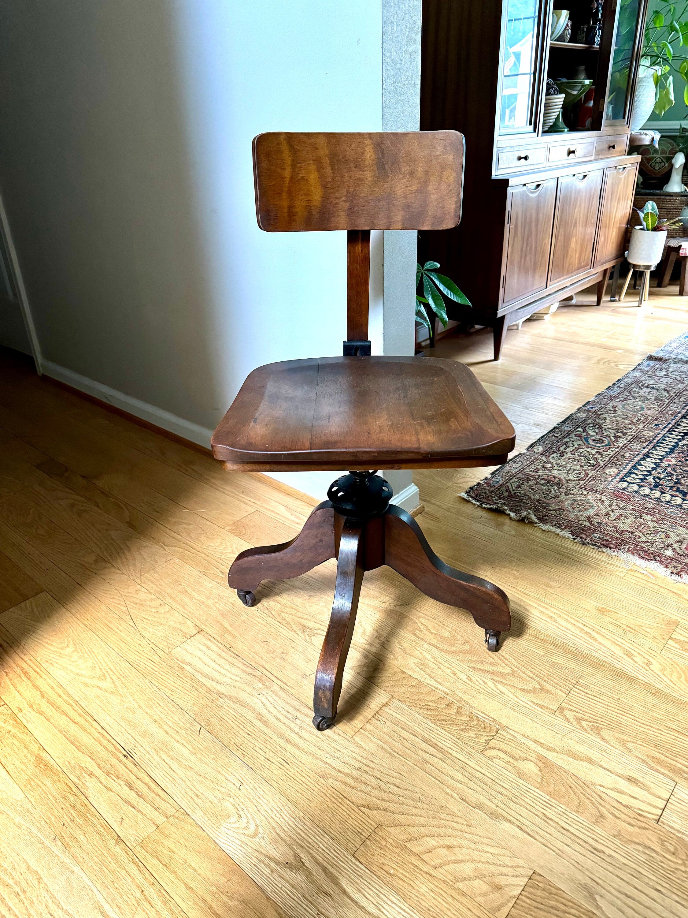 Vintage Solid Wood Desk Chair | Wooden Swivel Chair | Sikes Co. Wood Industrial Chair | Old Library Chair| Rustic Caster Chair | Adjustable Chair