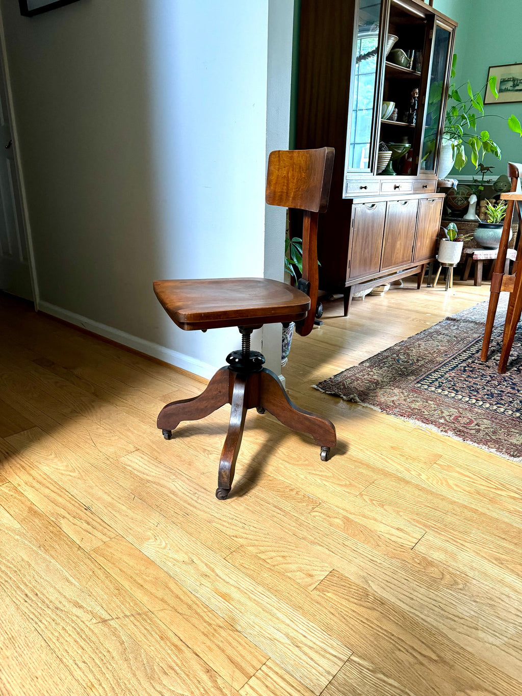 Vintage Solid Wood Desk Chair | Wooden Swivel Chair | Sikes Co. Wood Industrial Chair | Old Library Chair| Rustic Caster Chair | Adjustable Chair