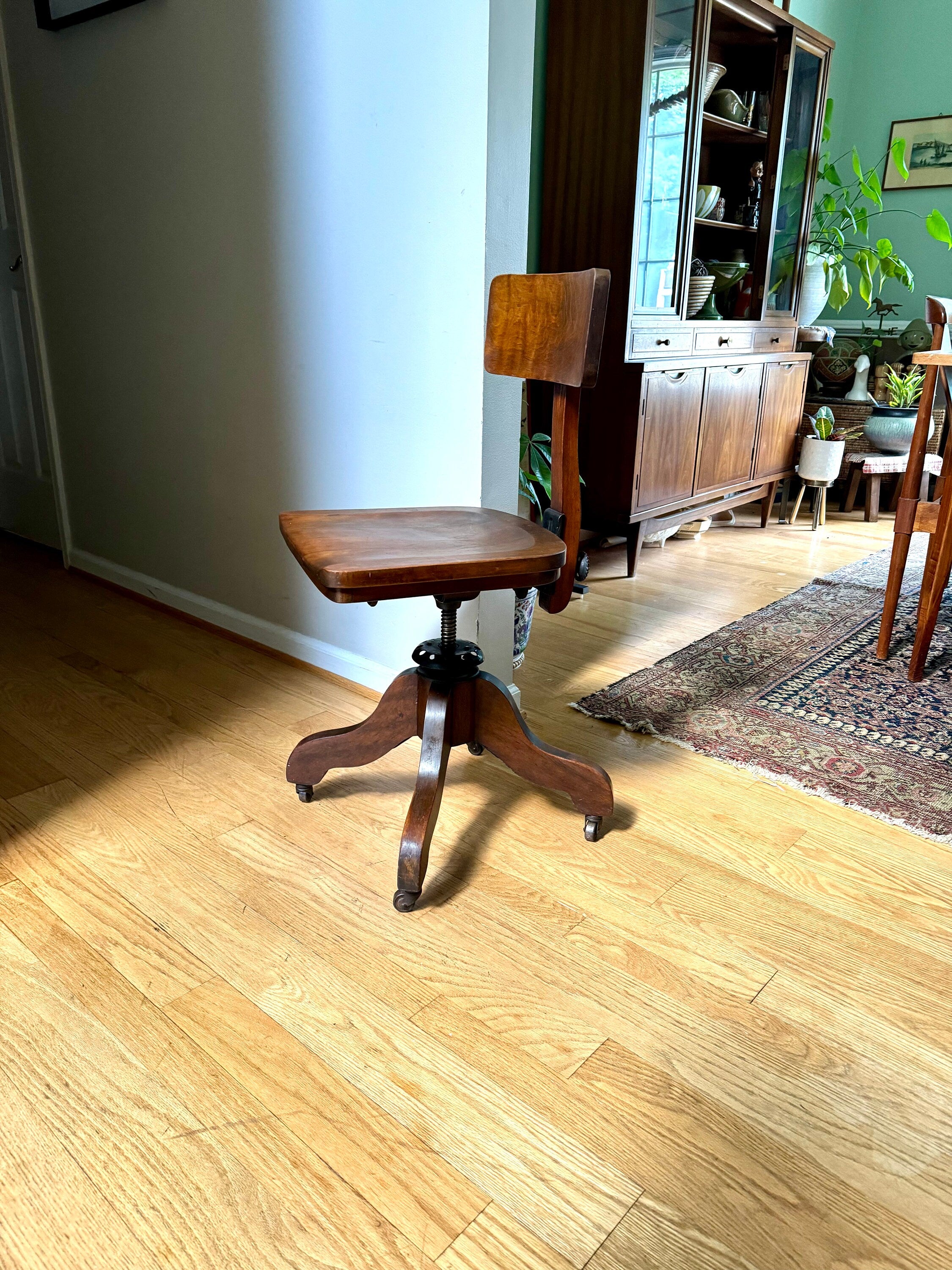 Vintage Solid Wood Desk Chair | Wooden Swivel Chair | Sikes Co. Wood Industrial Chair | Old Library Chair| Rustic Caster Chair | Adjustable Chair