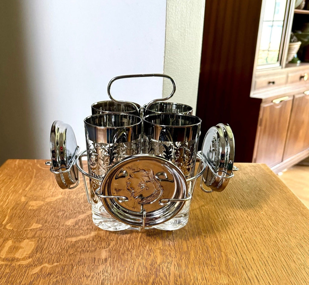 Kimiko Highball Glasses Coasters and Caddy | Mid Century Platinum Scroll Pattern Glasses By Guardian Glass | MCM Highball Glasses with Caddy