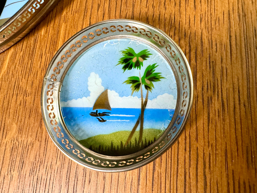 Vtg Metal Reverse Hand Painted Coastal Tray and Coasters | Island Decor Serving Tray and Coasters | Coastal Barware | Coastal Decor
