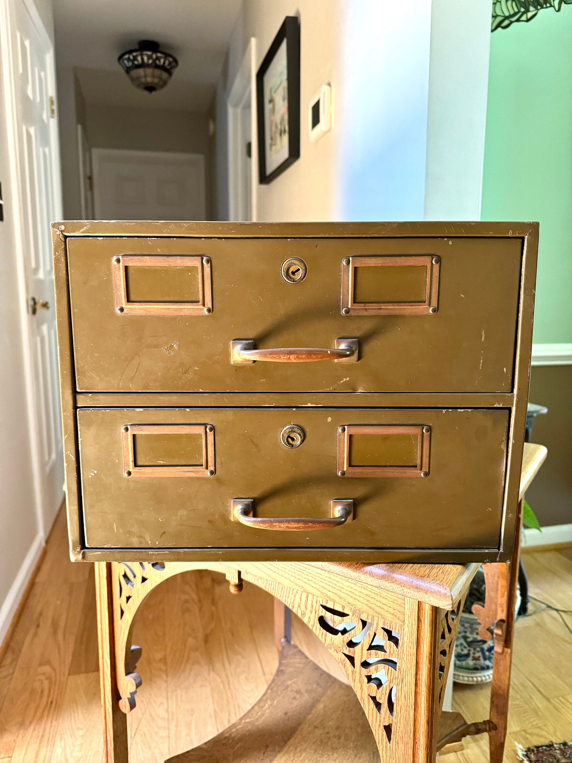 Vintage Rustic Large Industrial Filing Cabinet | Green Metal Index Card Cabinet | Two Drawer Storage | Industrial Storage Bin | File Cabinet