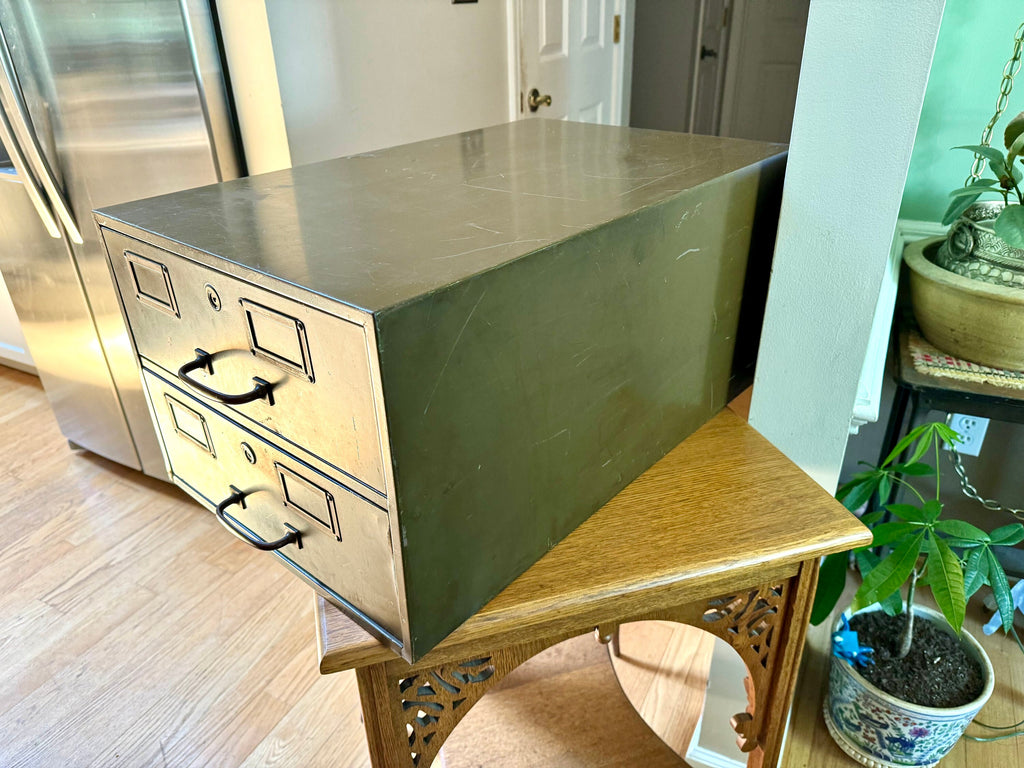 Vintage Rustic Large Industrial Filing Cabinet | Green Metal Index Card Cabinet | Two Drawer Storage | Industrial Storage Bin | File Cabinet