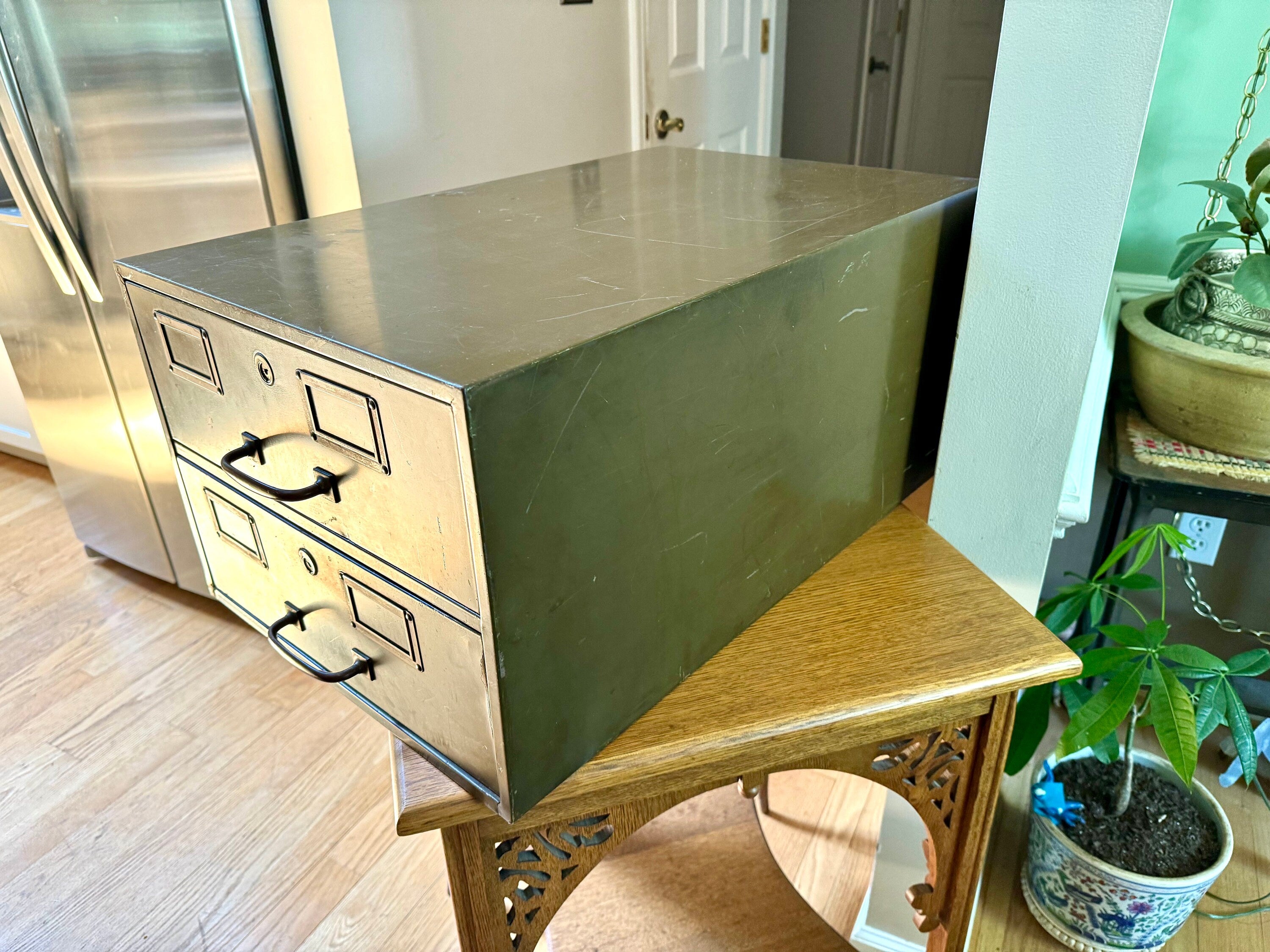 Vintage Rustic Large Industrial Filing Cabinet | Green Metal Index Card Cabinet | Two Drawer Storage | Industrial Storage Bin | File Cabinet