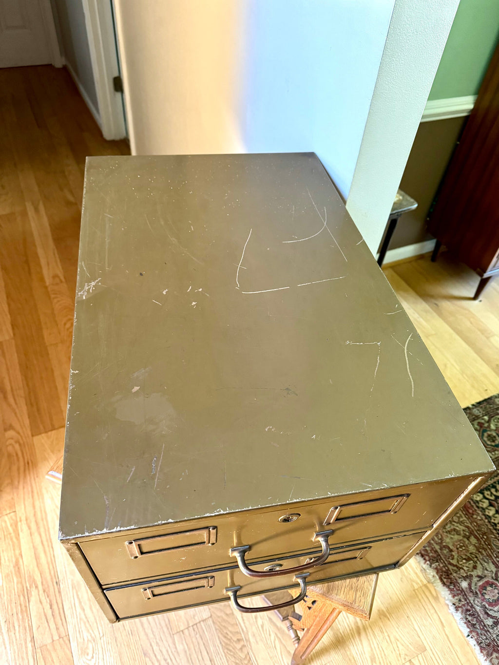 Vintage Rustic Large Industrial Filing Cabinet | Green Metal Index Card Cabinet | Two Drawer Storage | Industrial Storage Bin | File Cabinet