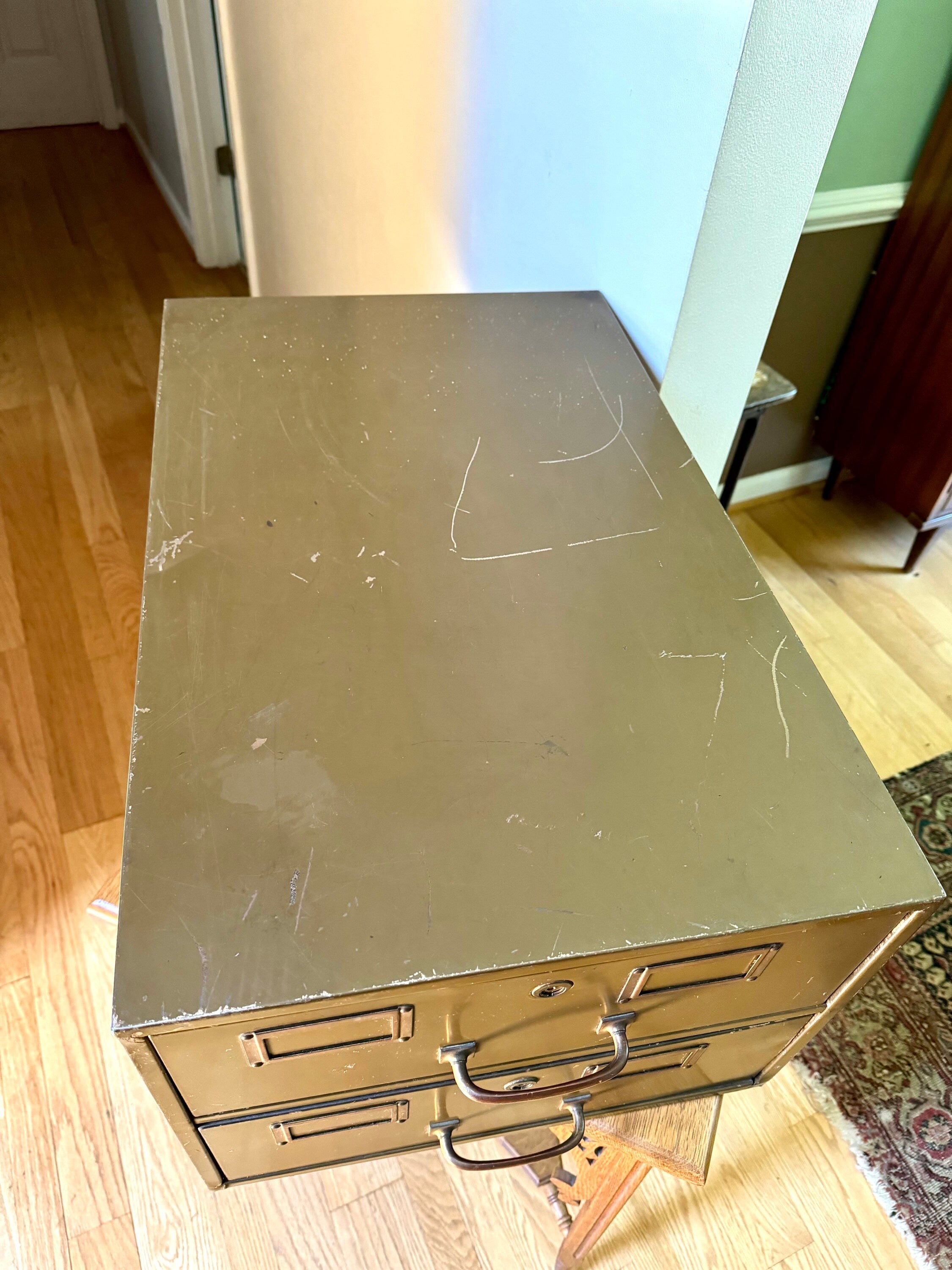 Vintage Rustic Large Industrial Filing Cabinet | Green Metal Index Card Cabinet | Two Drawer Storage | Industrial Storage Bin | File Cabinet