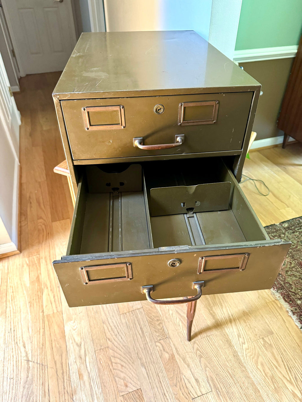 Vintage Rustic Large Industrial Filing Cabinet | Green Metal Index Card Cabinet | Two Drawer Storage | Industrial Storage Bin | File Cabinet