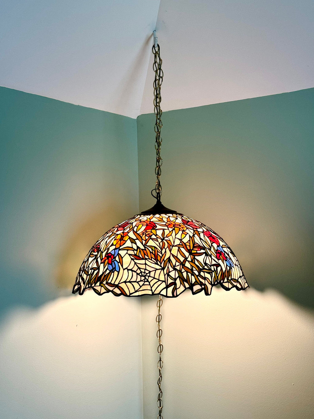 Vintage Large Lead Stained Glass Chandelier | HT Tiffany Style Cob Web Stained Glass Hanging Lamp | 23" Stained Glass Floral Pendant Lamp