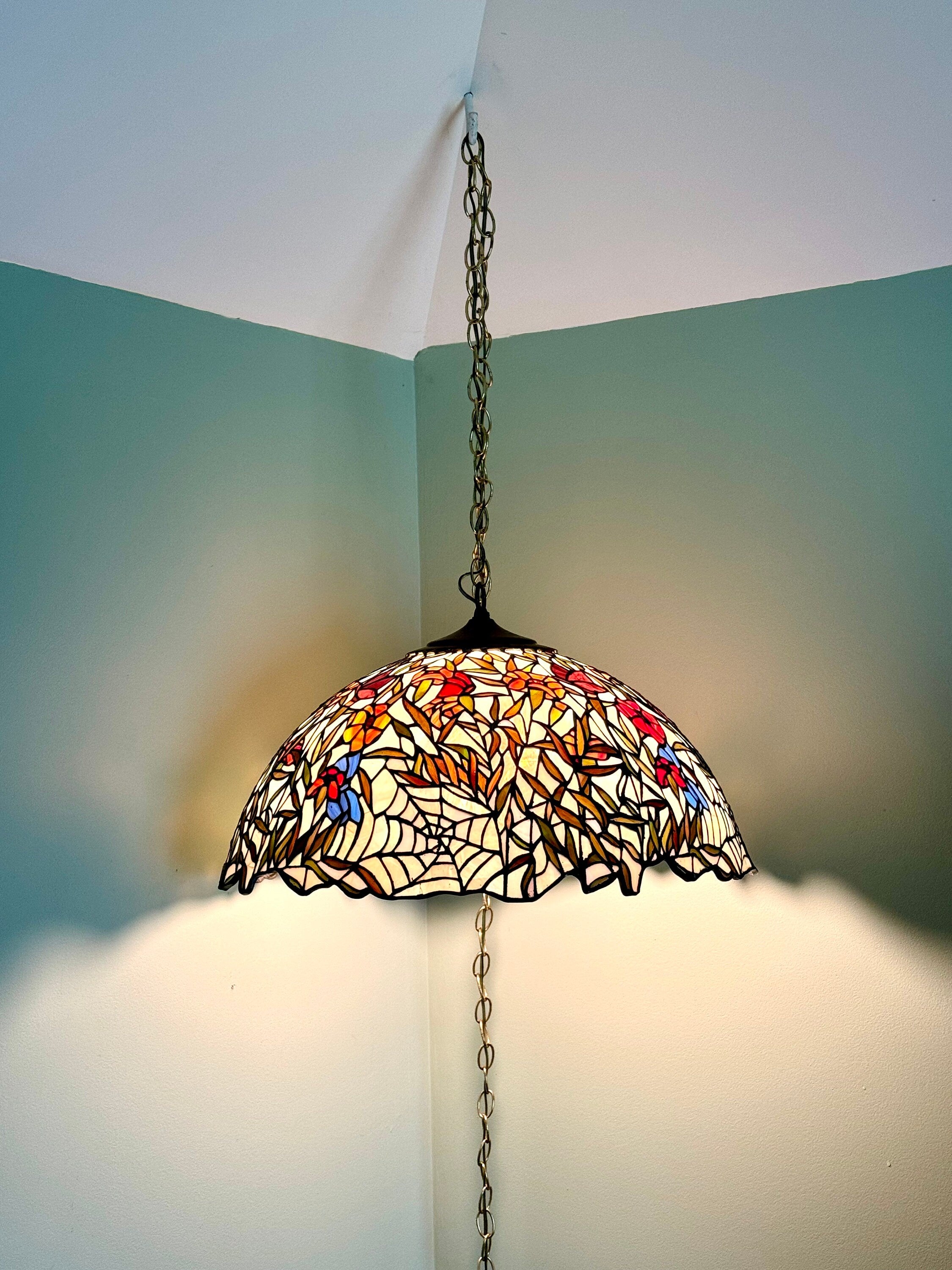 Vintage Large Lead Stained Glass Chandelier | HT Tiffany Style Cob Web Stained Glass Hanging Lamp | 23" Stained Glass Floral Pendant Lamp