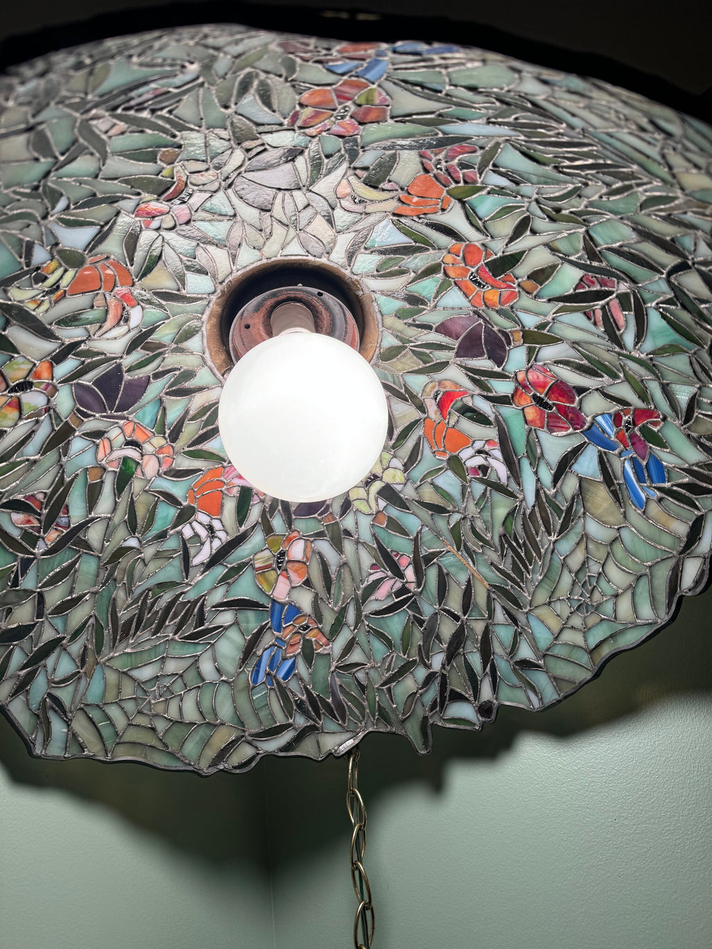 Vintage Large Lead Stained Glass Chandelier | HT Tiffany Style Cob Web Stained Glass Hanging Lamp | 23" Stained Glass Floral Pendant Lamp