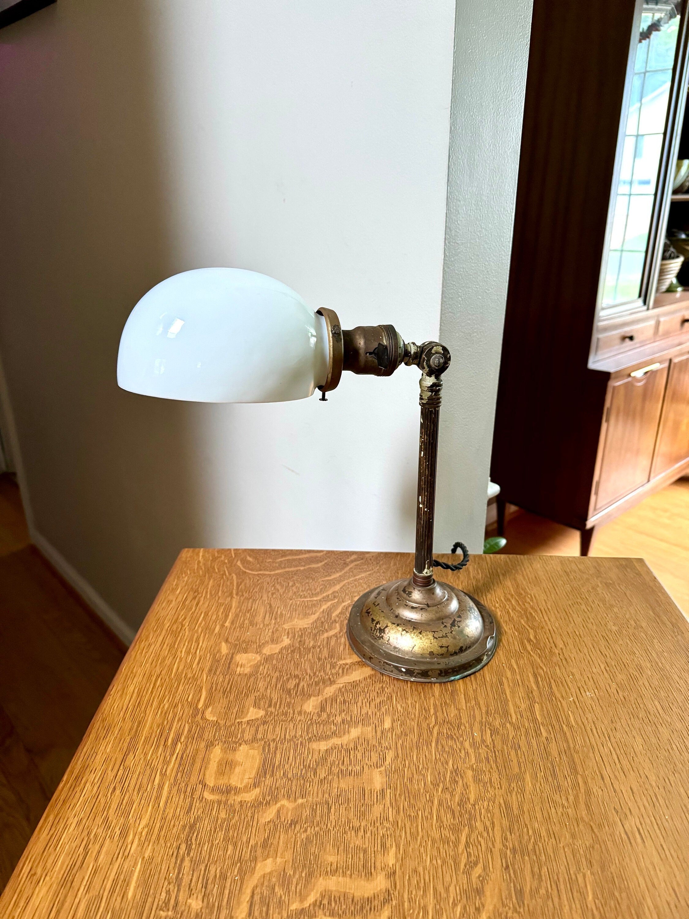 Vintage Industrial Art Decor Lamp | Industrial Pillar Lamp | Rustic Desk Lamp| MIlk Glass Desk Lamp| Distressed Art Deco Lamp | Rewired Lamp