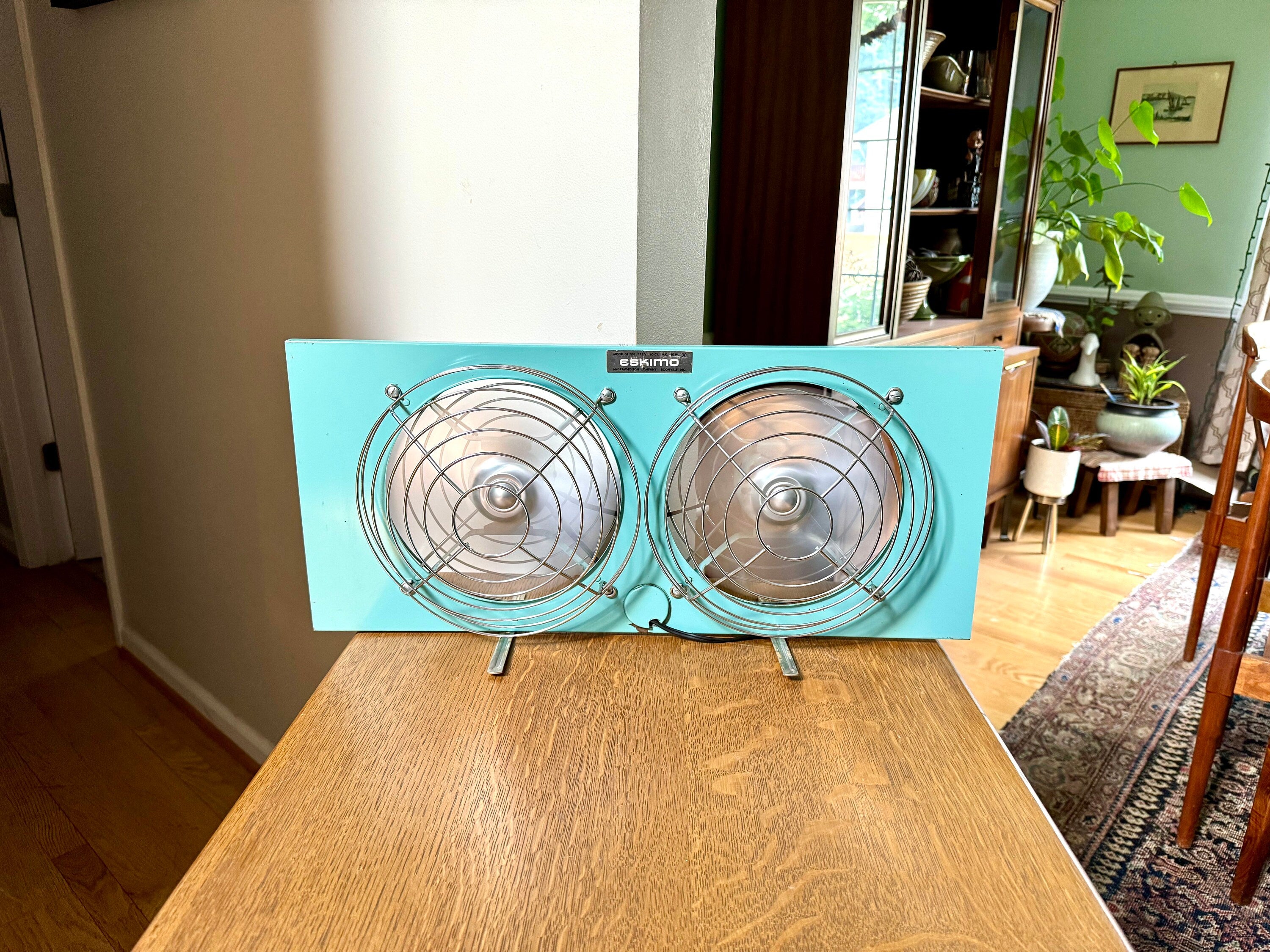 Retro Eskimo Double Window Fan | Vintage Turquoise Window Fan | Adjustable Window Fan | 1960s Double Motor Fan | Eskimo 081400 Window Fan