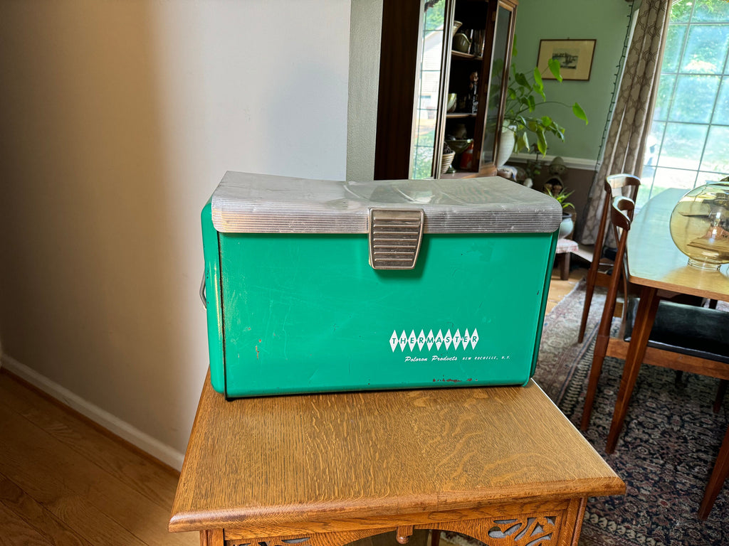 Vintage Poloron Products Cooler | Distressed Green Poloron Thermaster Metal Cooler With Tray | Metal Camping Cooler | Rustic Cooler