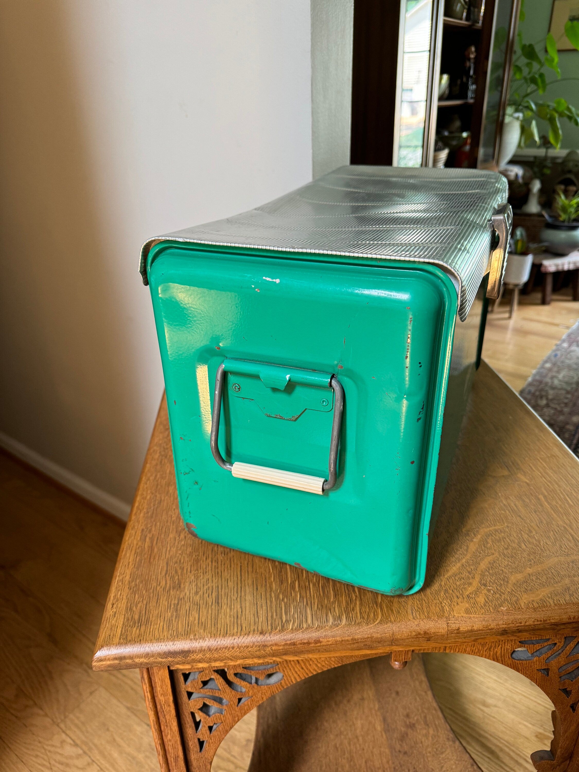 Vintage Poloron Products Cooler | Distressed Green Poloron Thermaster Metal Cooler With Tray | Metal Camping Cooler | Rustic Cooler