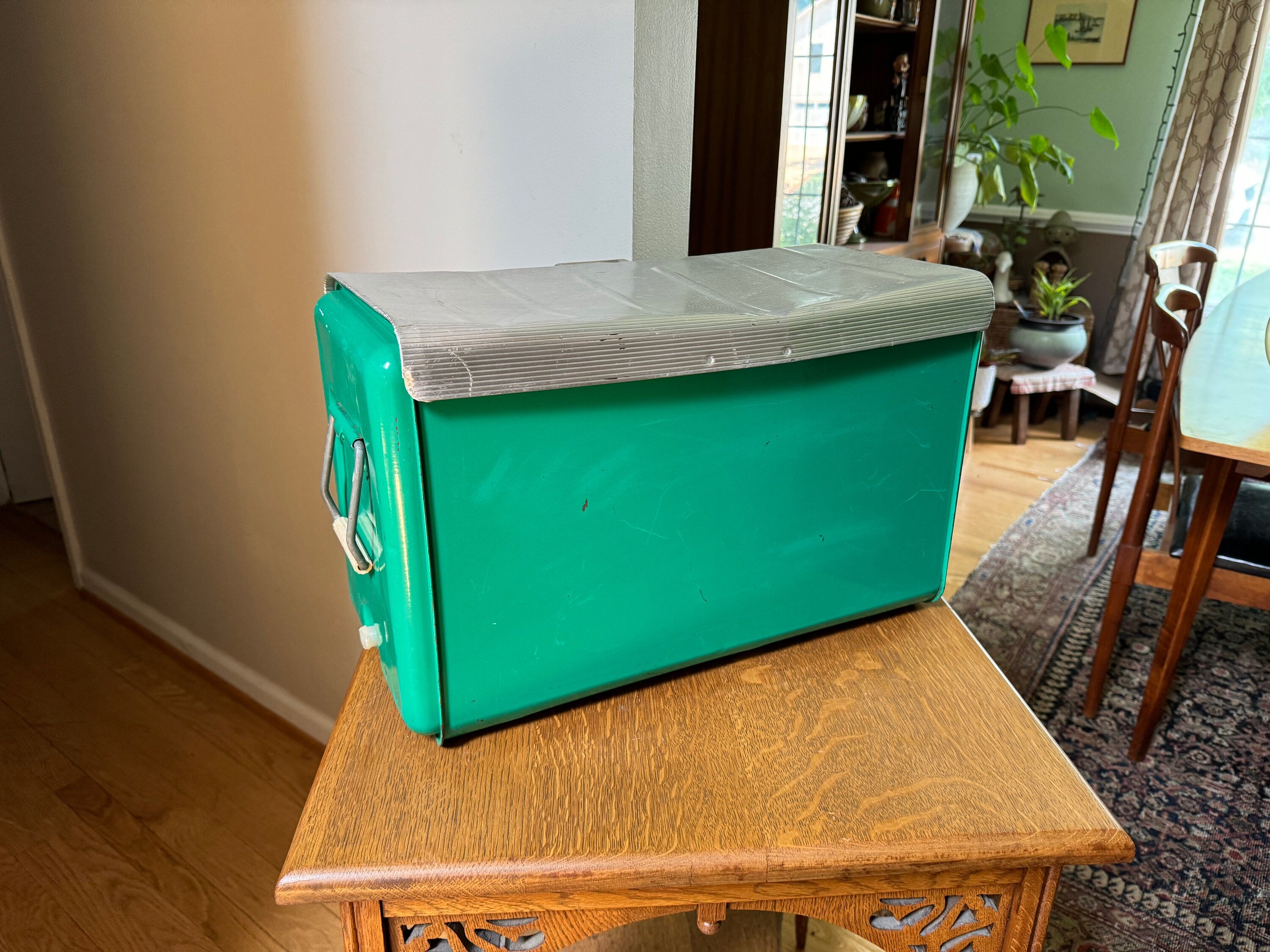 Vintage Poloron Products Cooler | Distressed Green Poloron Thermaster Metal Cooler With Tray | Metal Camping Cooler | Rustic Cooler
