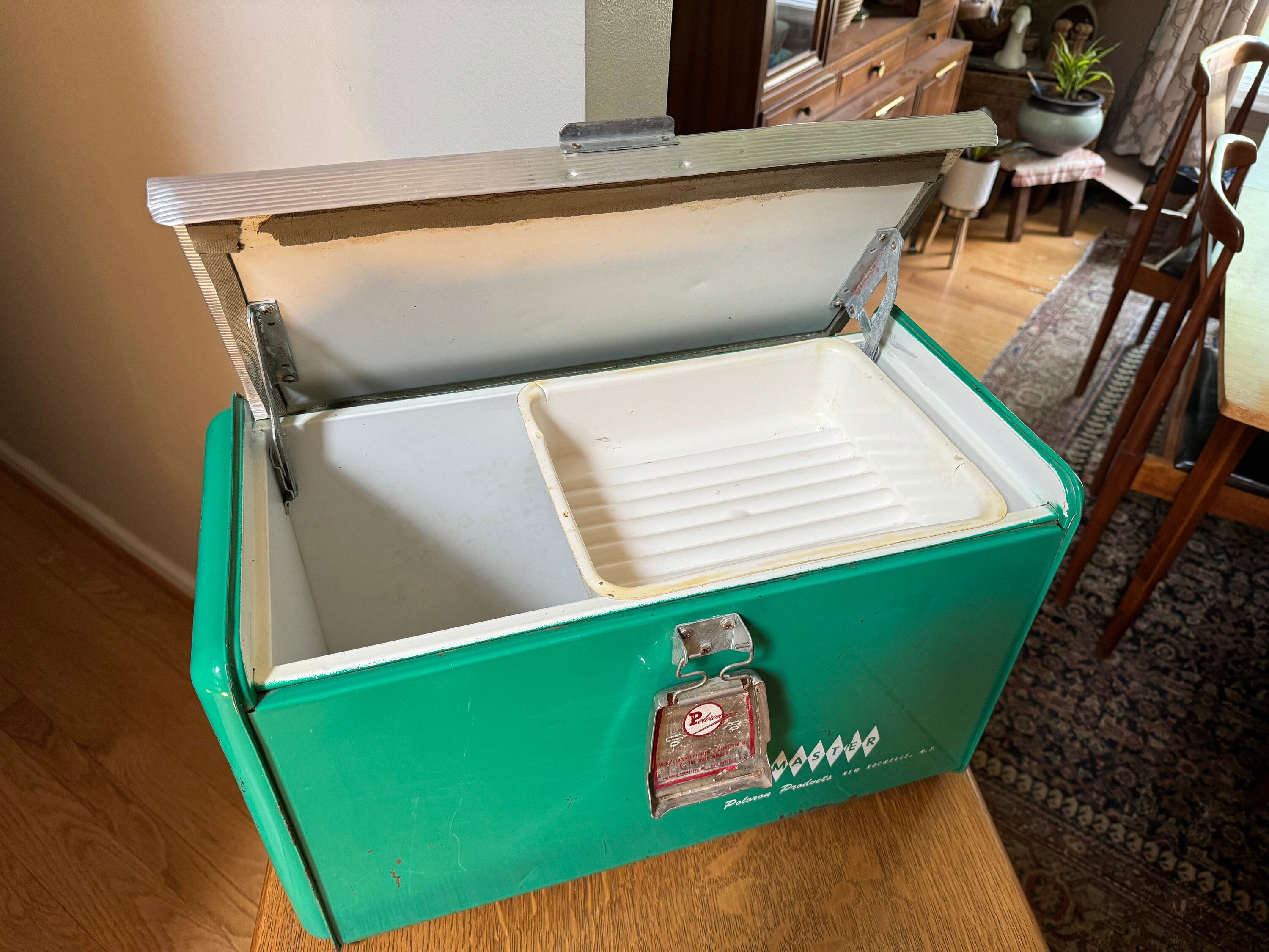 Vintage Poloron Products Cooler | Distressed Green Poloron Thermaster Metal Cooler With Tray | Metal Camping Cooler | Rustic Cooler