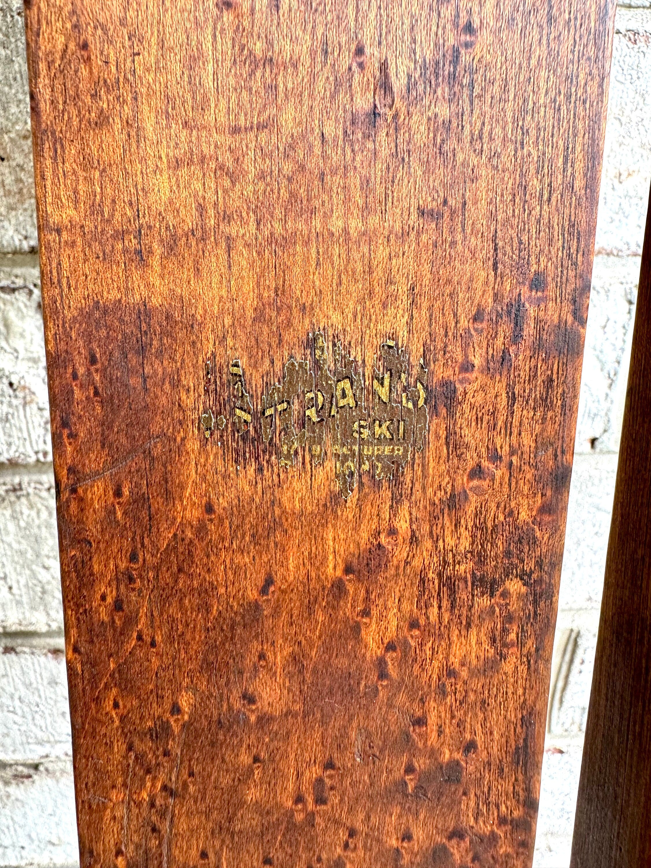 Antique Pair of Strand Wooden Skis | Hickory Wood Skis | Cabin Decor | Antique Snow Skis | Wooden Snow Skis | Leather Bindings Skis