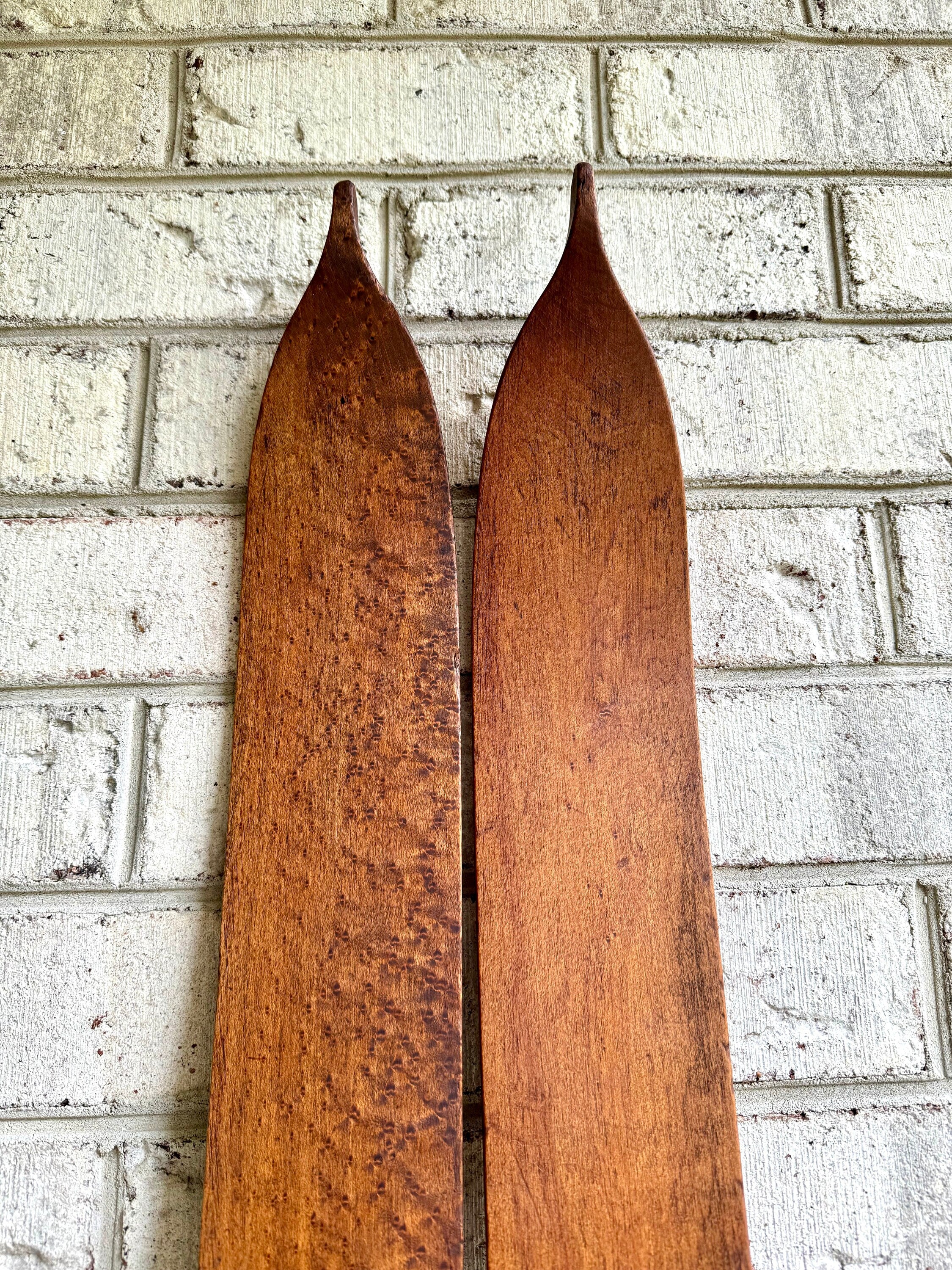 Antique Pair of Strand Wooden Skis | Hickory Wood Skis | Cabin Decor | Antique Snow Skis | Wooden Snow Skis | Leather Bindings Skis