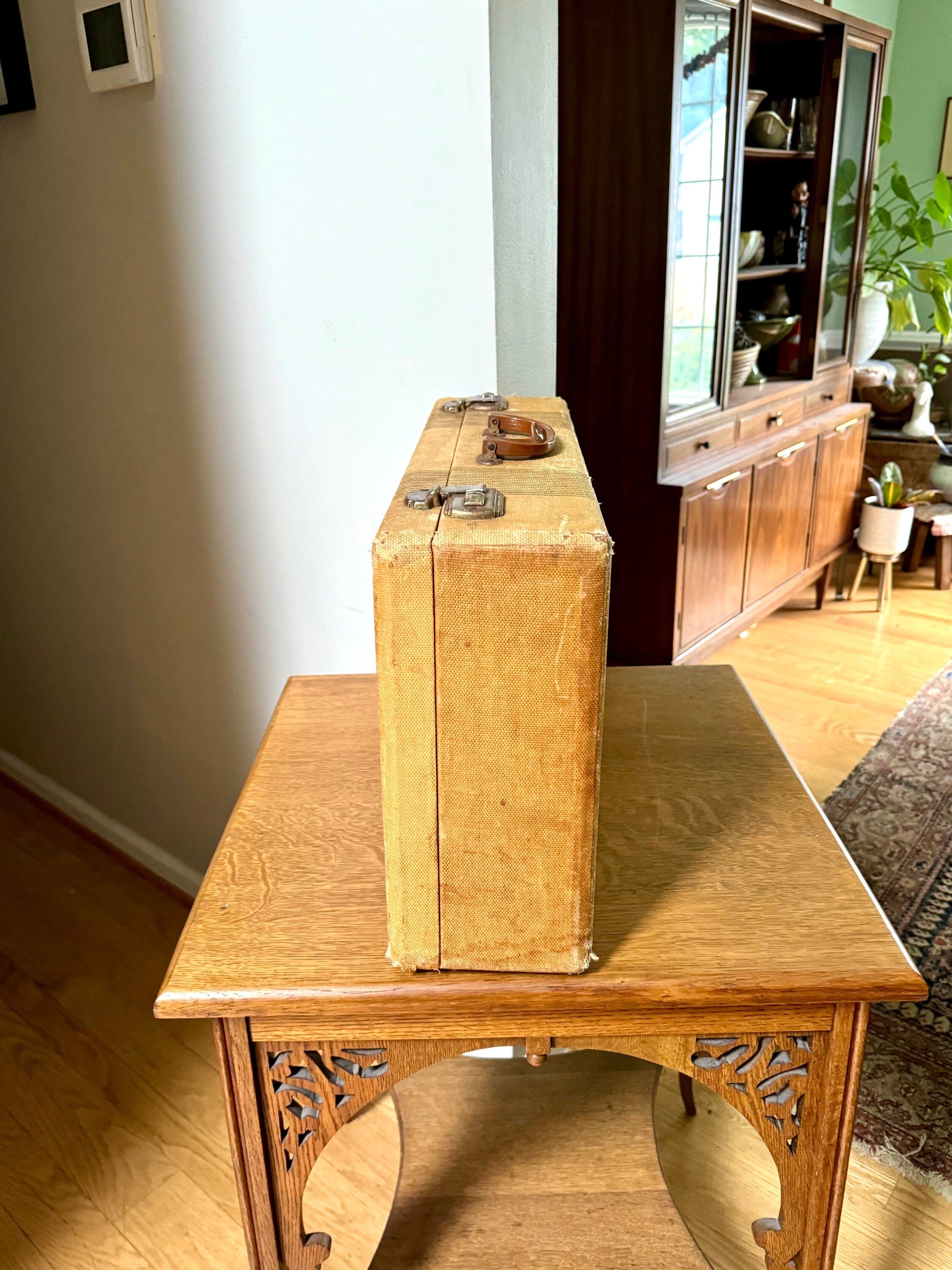 Vintage Wrapped Wood Distressed Hardshell Suitcase | Rustic Striped Hardshell Suitcase | MCM Suitcase | Overnight Bag | Antique Suitcase