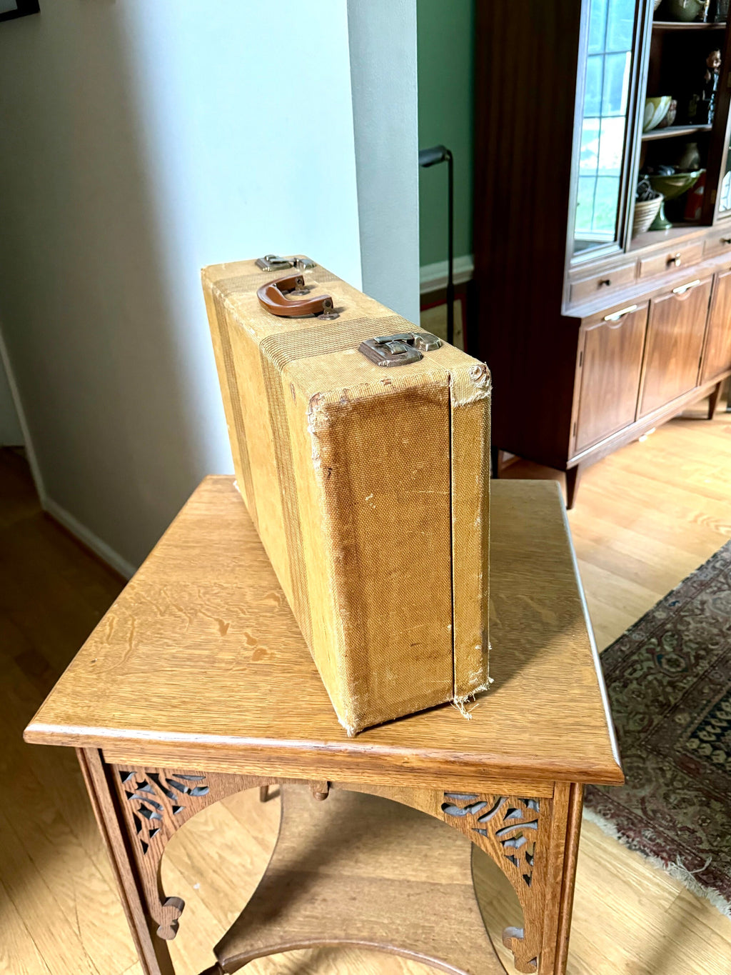 Vintage Wrapped Wood Distressed Hardshell Suitcase | Rustic Striped Hardshell Suitcase | MCM Suitcase | Overnight Bag | Antique Suitcase