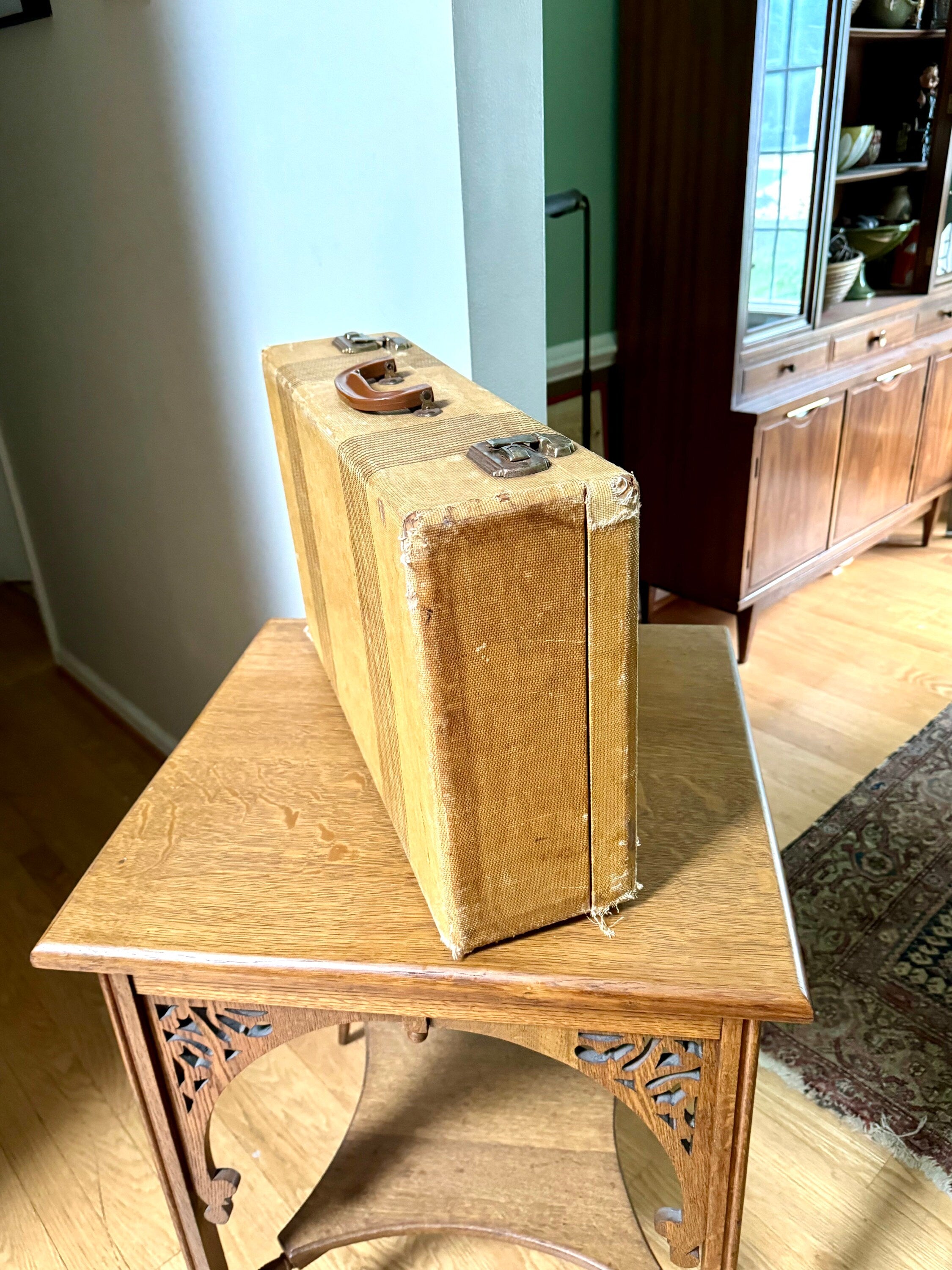 Vintage Wrapped Wood Distressed Hardshell Suitcase | Rustic Striped Hardshell Suitcase | MCM Suitcase | Overnight Bag | Antique Suitcase