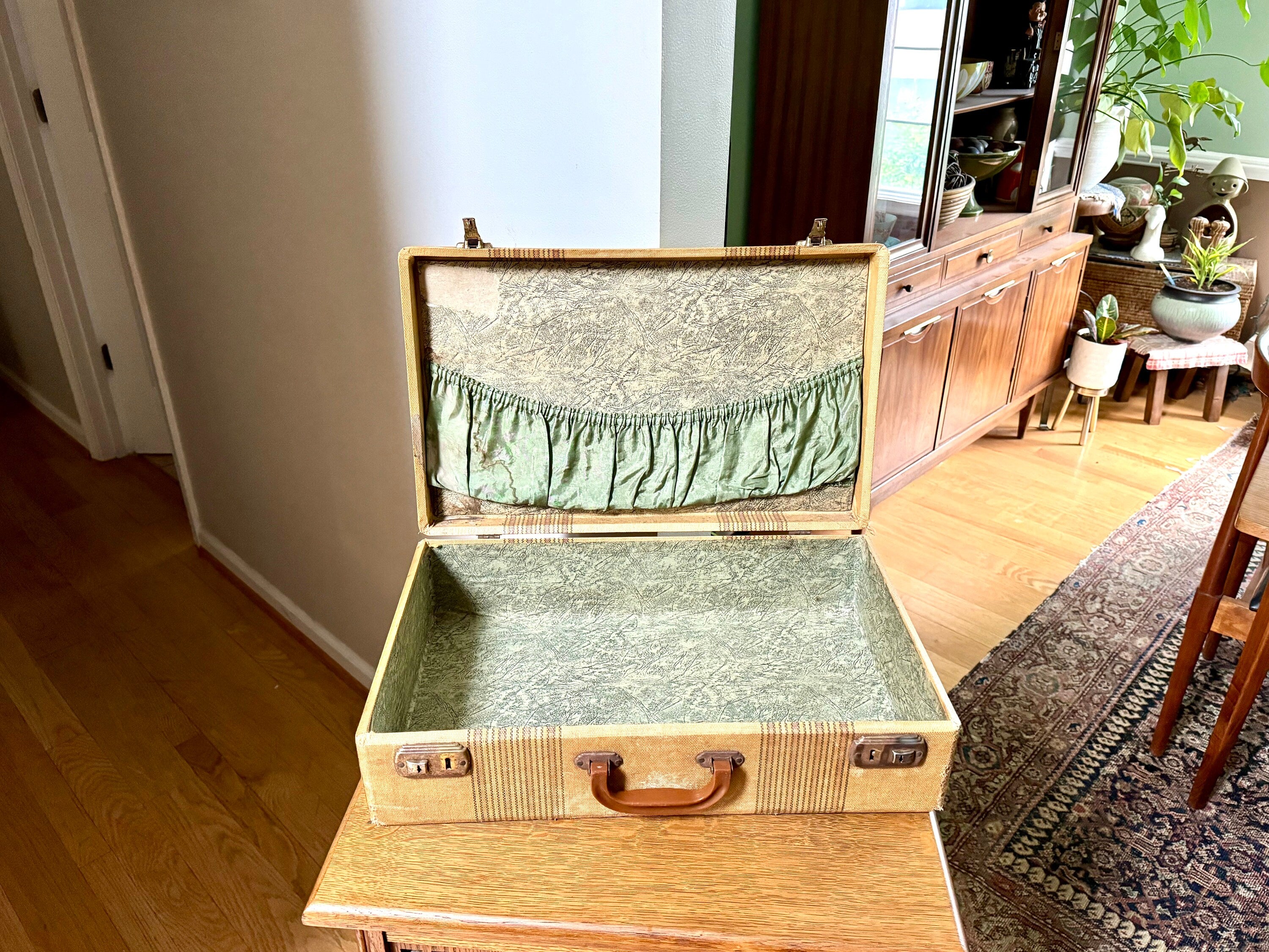 Vintage Wrapped Wood Distressed Hardshell Suitcase | Rustic Striped Hardshell Suitcase | MCM Suitcase | Overnight Bag | Antique Suitcase