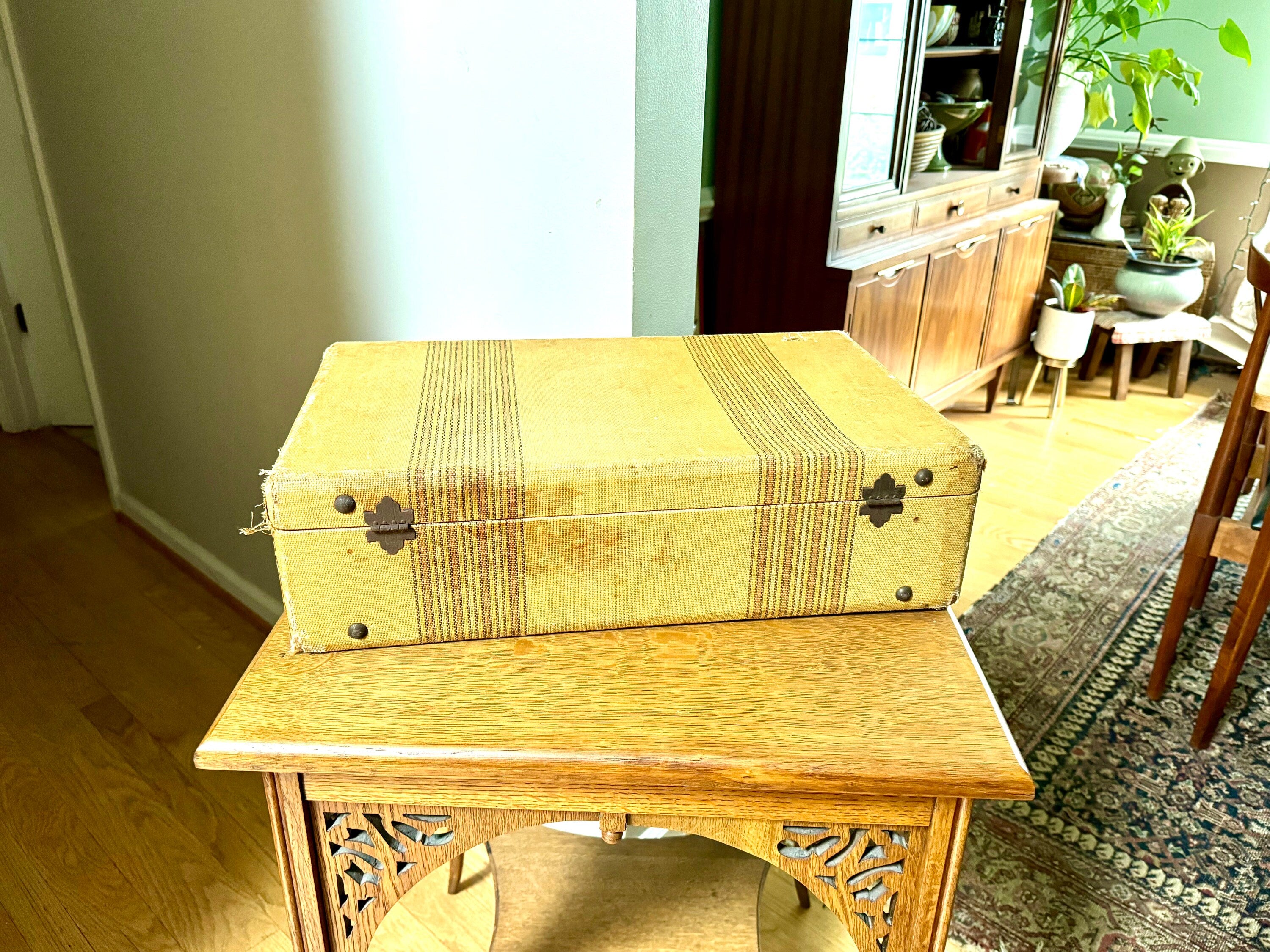 Vintage Wrapped Wood Distressed Hardshell Suitcase | Rustic Striped Hardshell Suitcase | MCM Suitcase | Overnight Bag | Antique Suitcase