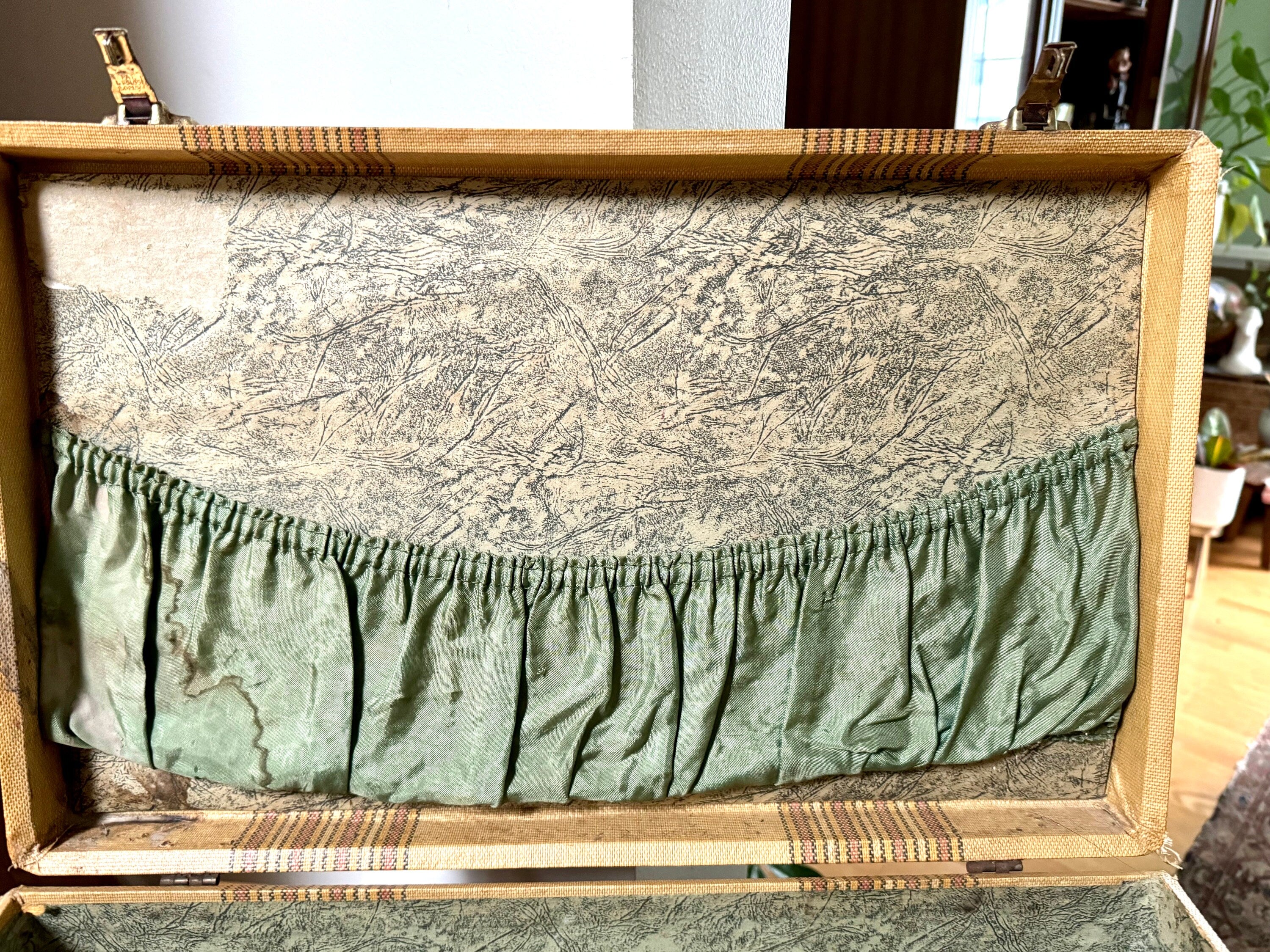 Vintage Wrapped Wood Distressed Hardshell Suitcase | Rustic Striped Hardshell Suitcase | MCM Suitcase | Overnight Bag | Antique Suitcase