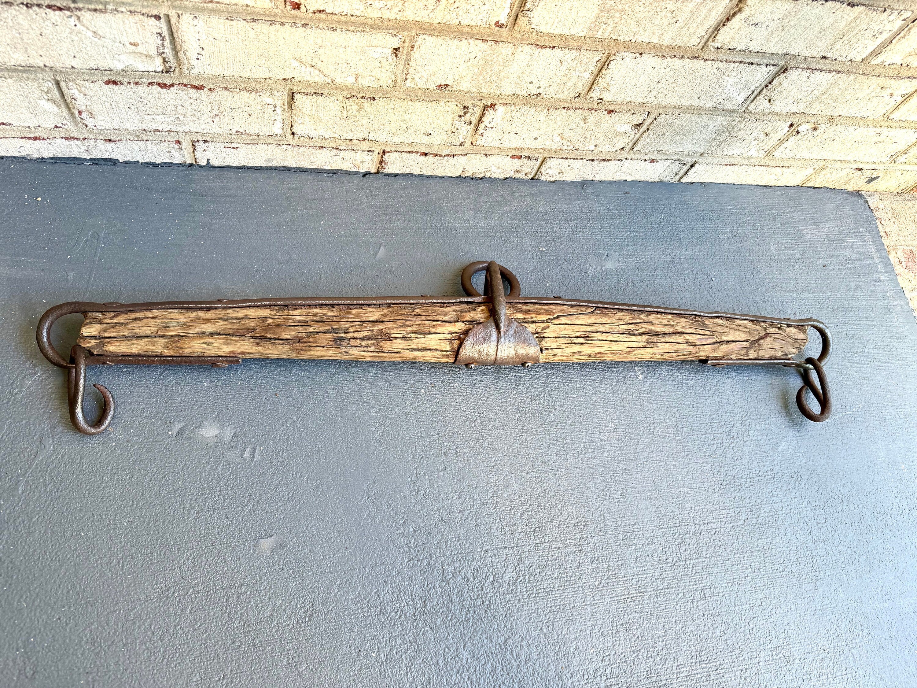 Antique Single Tree Weathered Yoke | Small Primitive Ox Yoke | Rustic Wood and Hand Forged Steel Ox Yoke | Farmhouse Decor