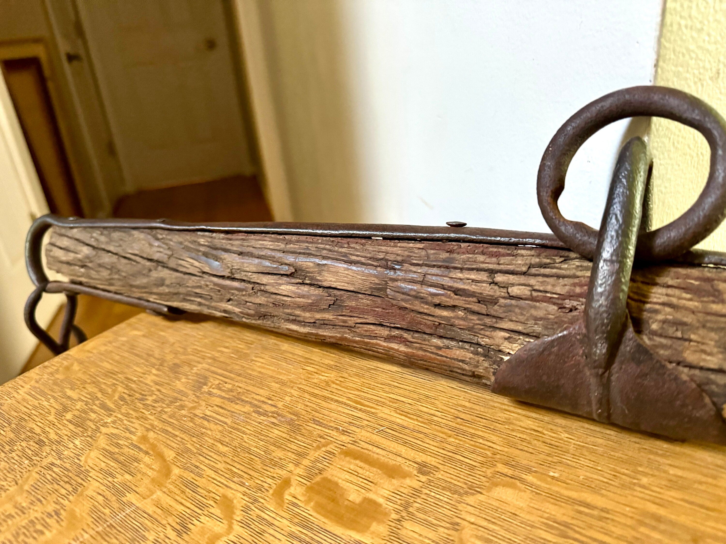 Antique Single Tree Weathered Yoke | Small Primitive Ox Yoke | Rustic Wood and Hand Forged Steel Ox Yoke | Farmhouse Decor