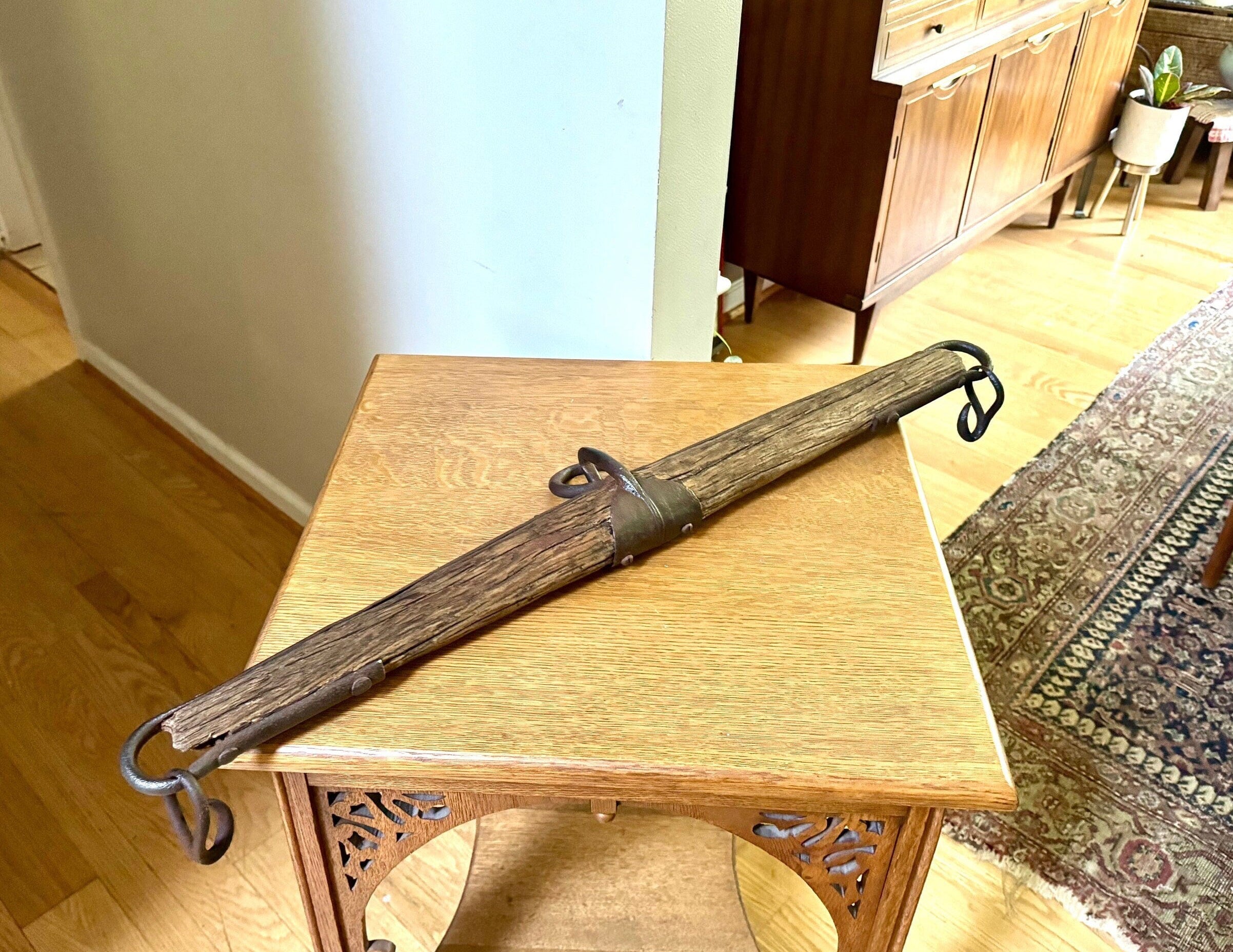 Antique Single Tree Weathered Yoke | Small Primitive Ox Yoke | Rustic Wood and Hand Forged Steel Ox Yoke | Farmhouse Decor