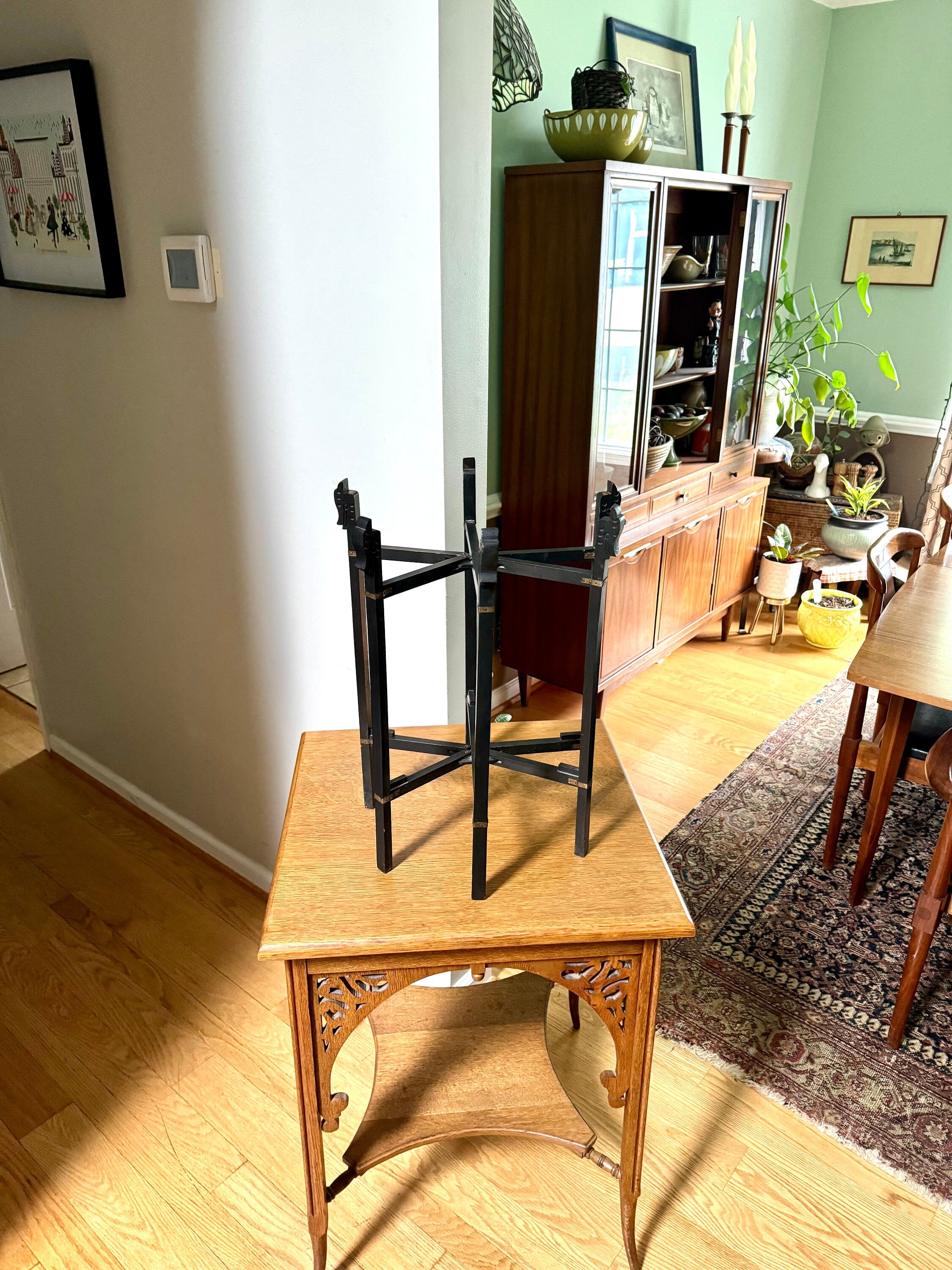 Vintage 6 Legged Folding Plant Stand | Chinese Folding Wood Plant Stand | Asian Black Folding Stand