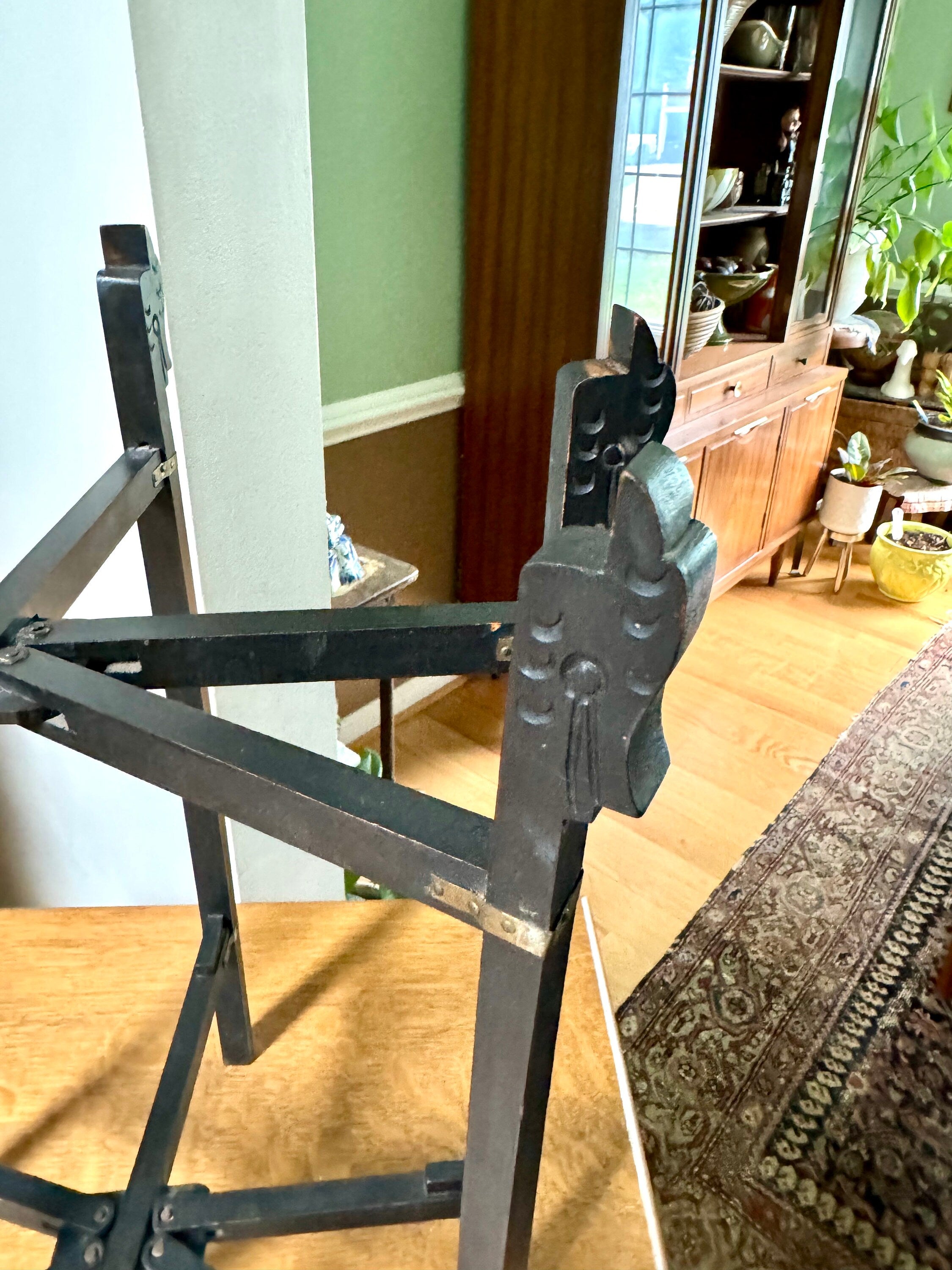 Vintage 6 Legged Folding Plant Stand | Chinese Folding Wood Plant Stand | Asian Black Folding Stand