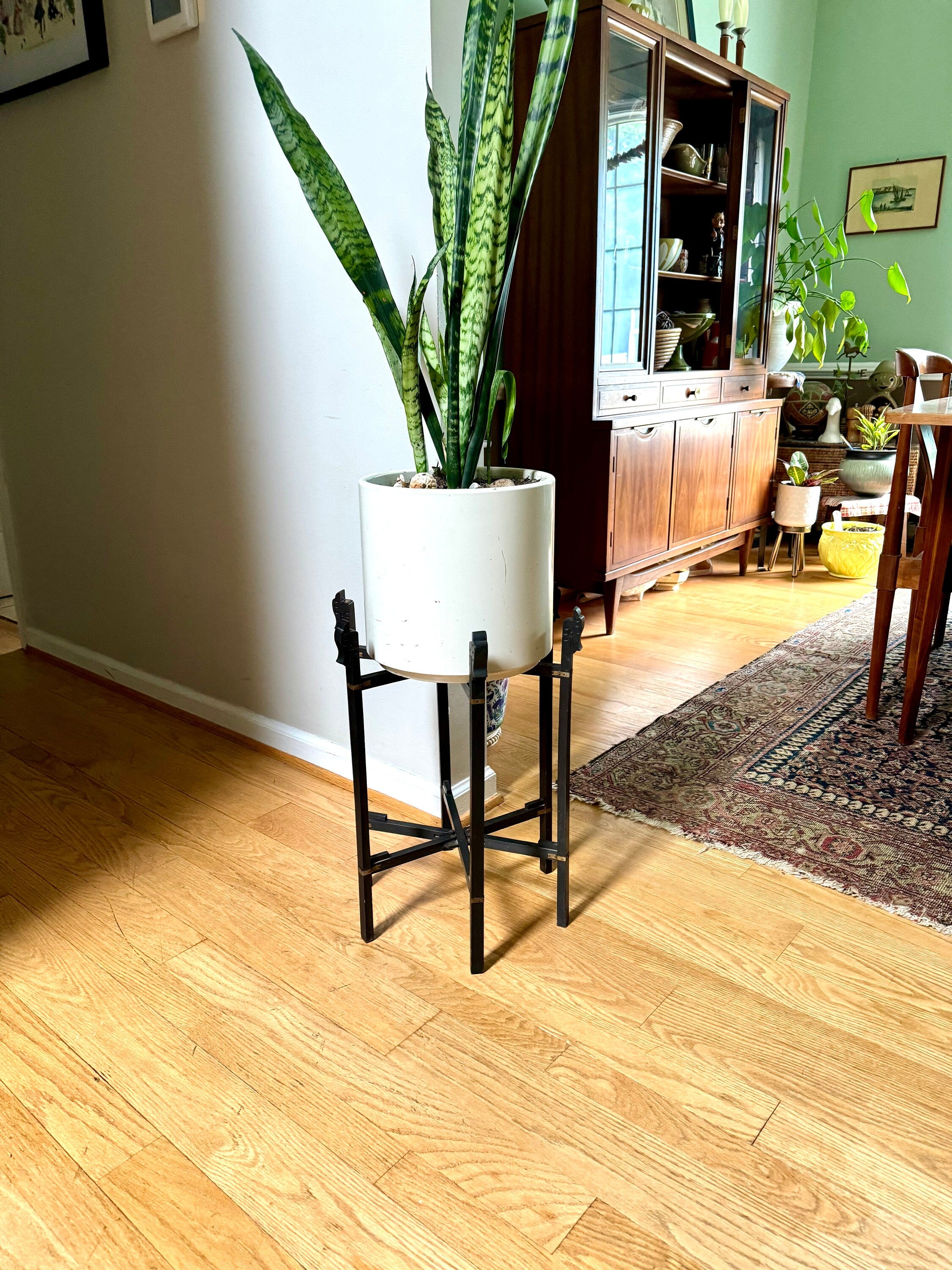 Vintage 6 Legged Folding Plant Stand | Chinese Folding Wood Plant Stand | Asian Black Folding Stand