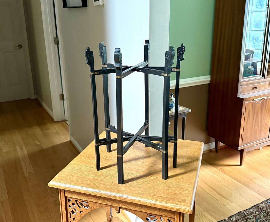 Vintage 6 Legged Folding Plant Stand | Chinese Folding Wood Plant Stand | Asian Black Folding Stand