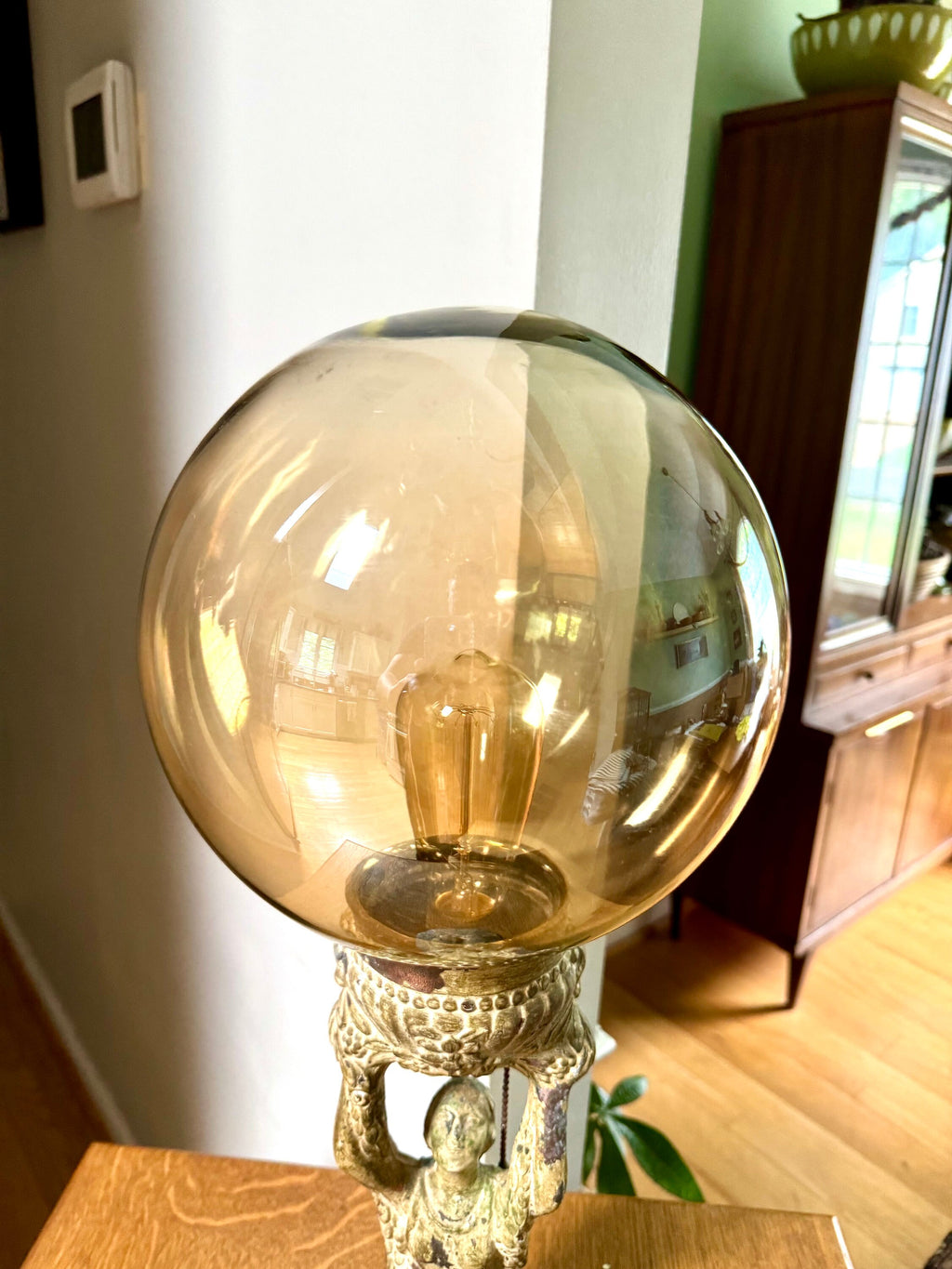 Antique Distressed Joan Of Arc Lamp | Art Deco Lady Lamp | Distressed Finish Joan Of Arc Globe Lamp | Bronze Lady Lamp