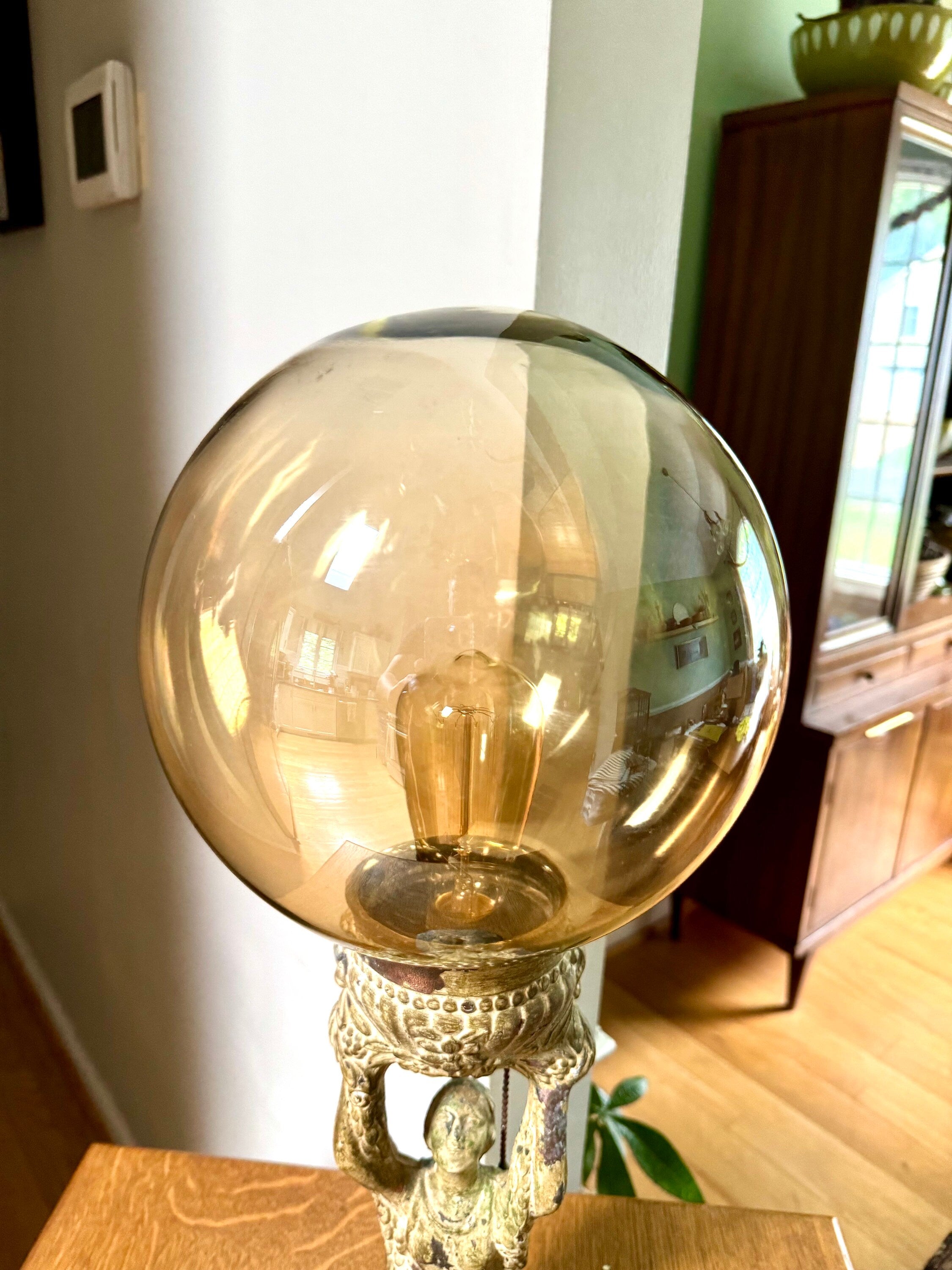 Antique Distressed Joan Of Arc Lamp | Art Deco Lady Lamp | Distressed Finish Joan Of Arc Globe Lamp | Bronze Lady Lamp