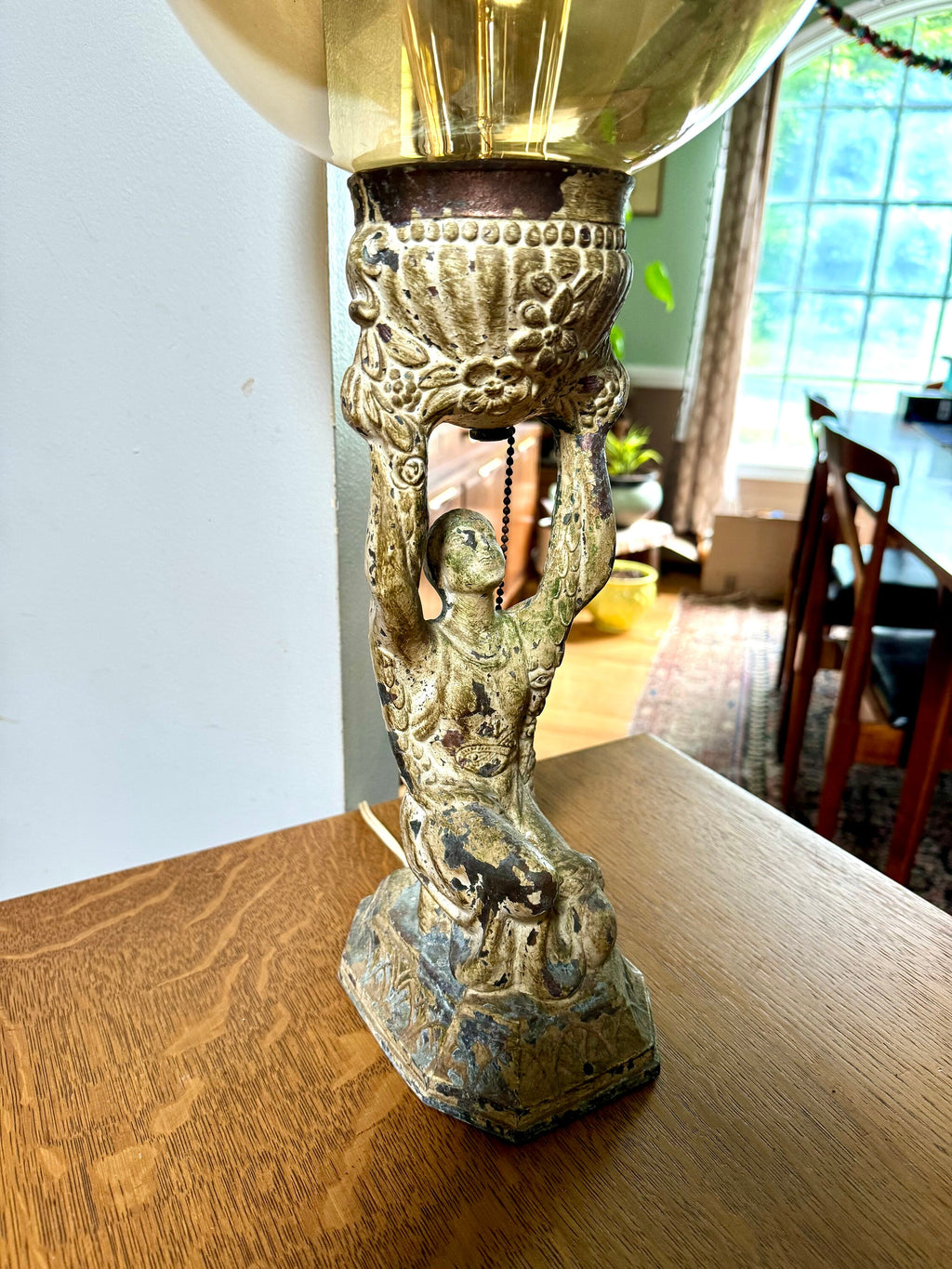 Antique Distressed Joan Of Arc Lamp | Art Deco Lady Lamp | Distressed Finish Joan Of Arc Globe Lamp | Bronze Lady Lamp