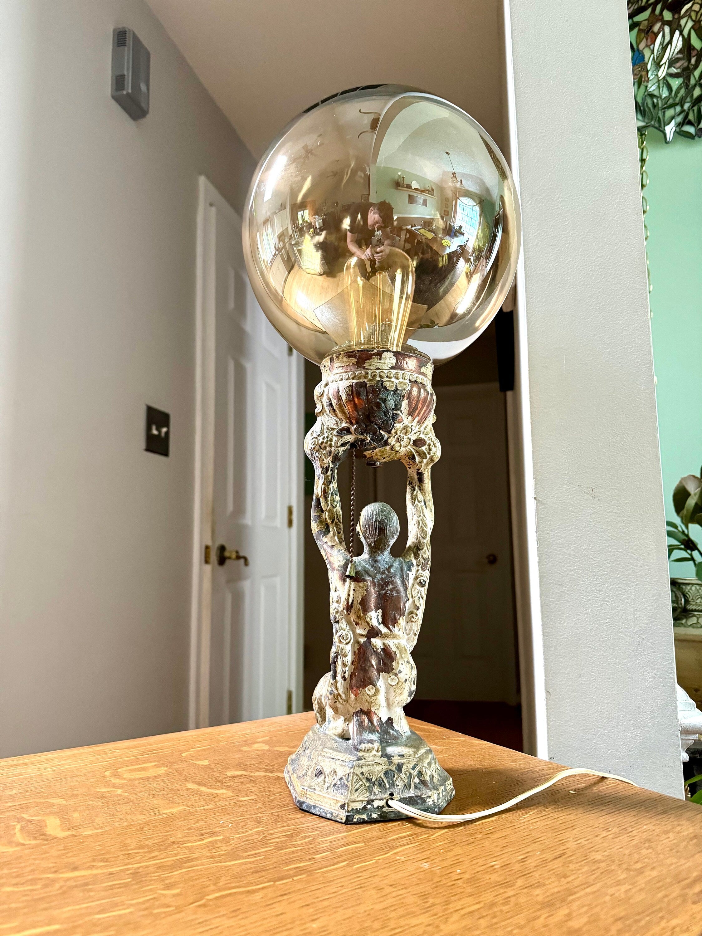 Antique Distressed Joan Of Arc Lamp | Art Deco Lady Lamp | Distressed Finish Joan Of Arc Globe Lamp | Bronze Lady Lamp