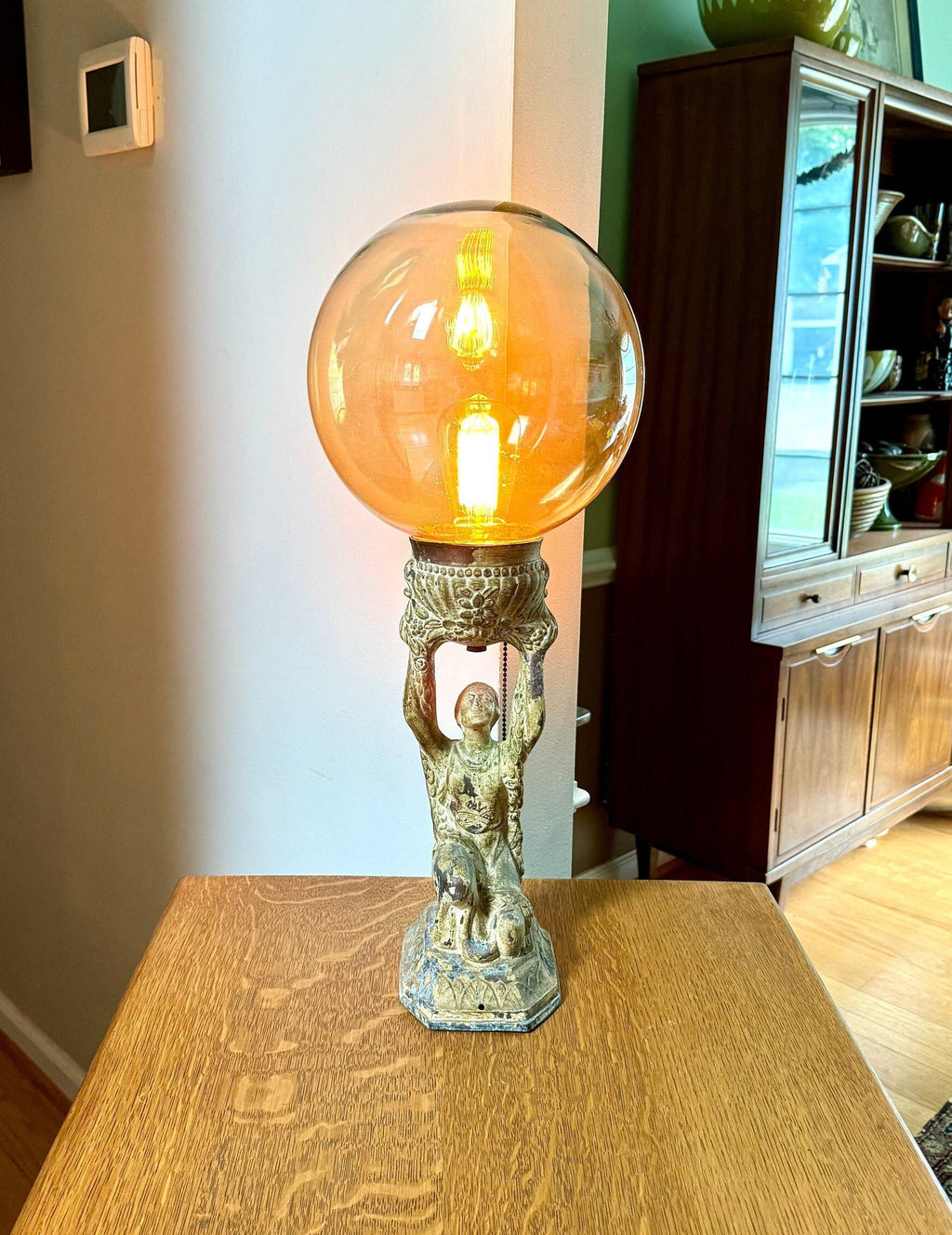 Antique Distressed Joan Of Arc Lamp | Art Deco Lady Lamp | Distressed Finish Joan Of Arc Globe Lamp | Bronze Lady Lamp