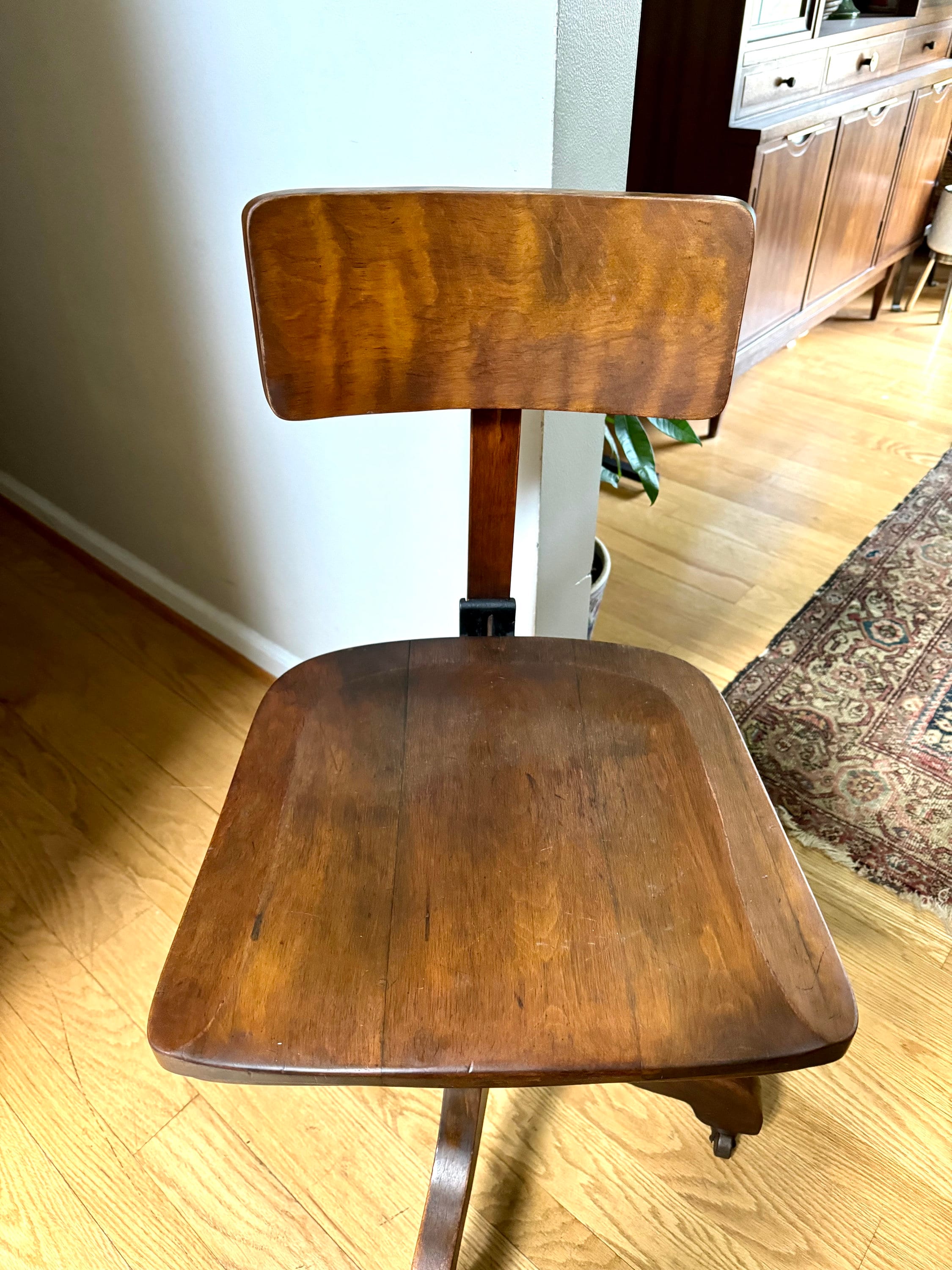 Vintage Solid Wood Desk Chair | Wooden Swivel Chair | Sikes Co. Wood Industrial Chair | Old Library Chair| Rustic Caster Chair | Adjustable Chair