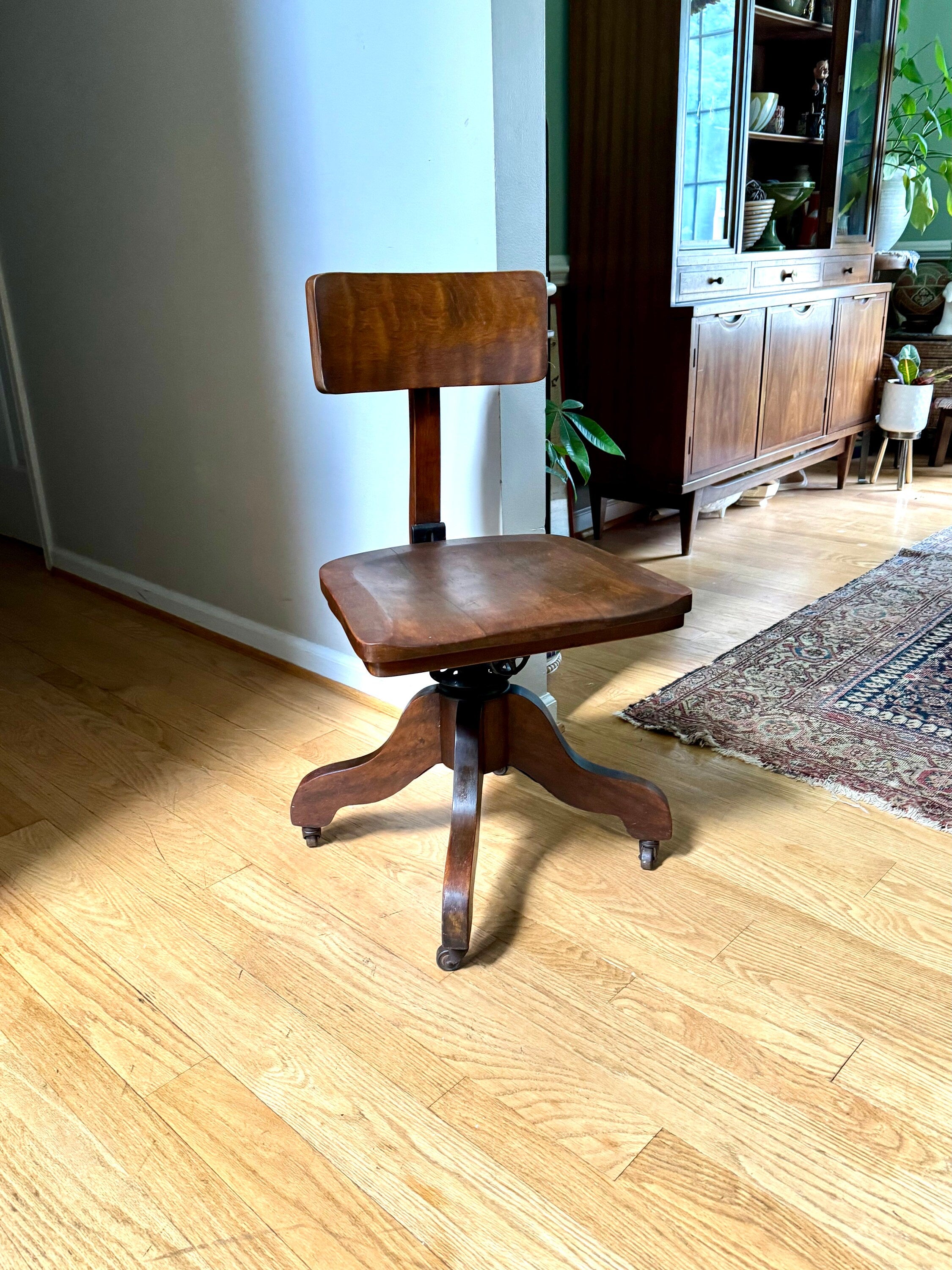 Vintage Solid Wood Desk Chair | Wooden Swivel Chair | Sikes Co. Wood Industrial Chair | Old Library Chair| Rustic Caster Chair | Adjustable Chair