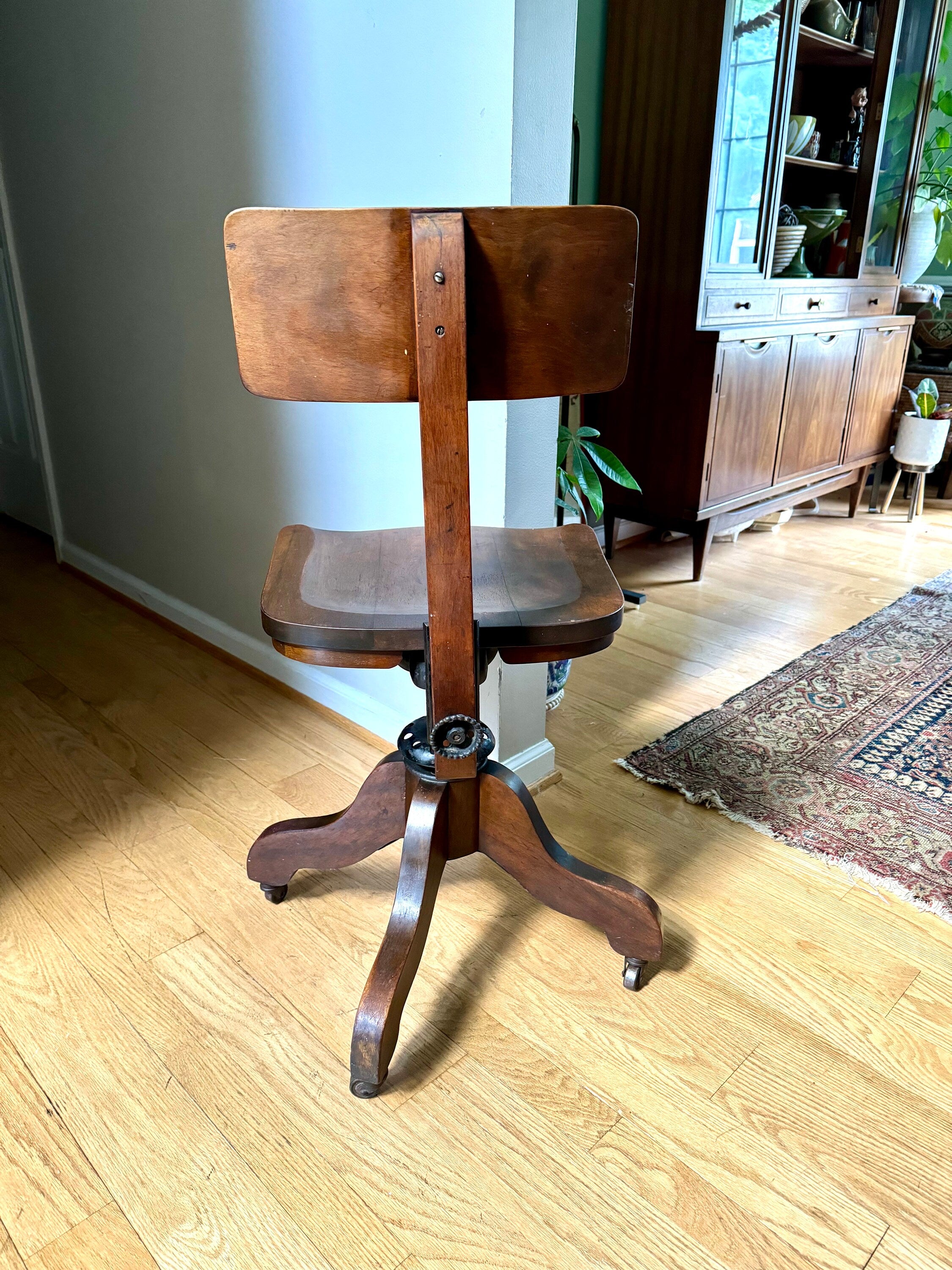Vintage Solid Wood Desk Chair | Wooden Swivel Chair | Sikes Co. Wood Industrial Chair | Old Library Chair| Rustic Caster Chair | Adjustable Chair