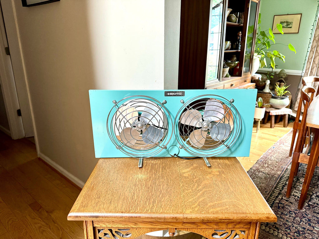 Retro Eskimo Double Window Fan | Vintage Turquoise Window Fan | Adjustable Window Fan | 1960s Double Motor Fan | Eskimo 081400 Window Fan