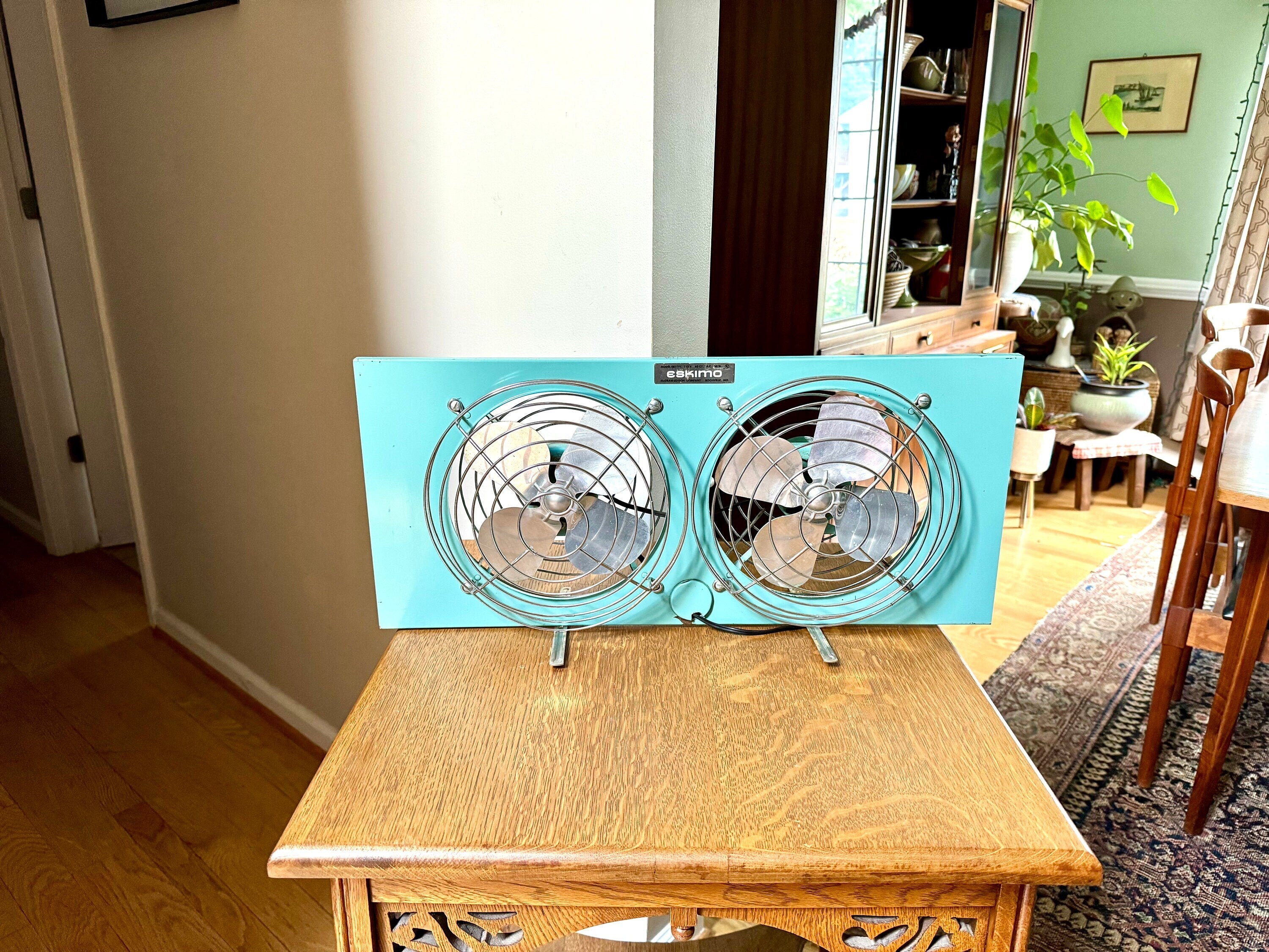 Retro Eskimo Double Window Fan | Vintage Turquoise Window Fan | Adjustable Window Fan | 1960s Double Motor Fan | Eskimo 081400 Window Fan