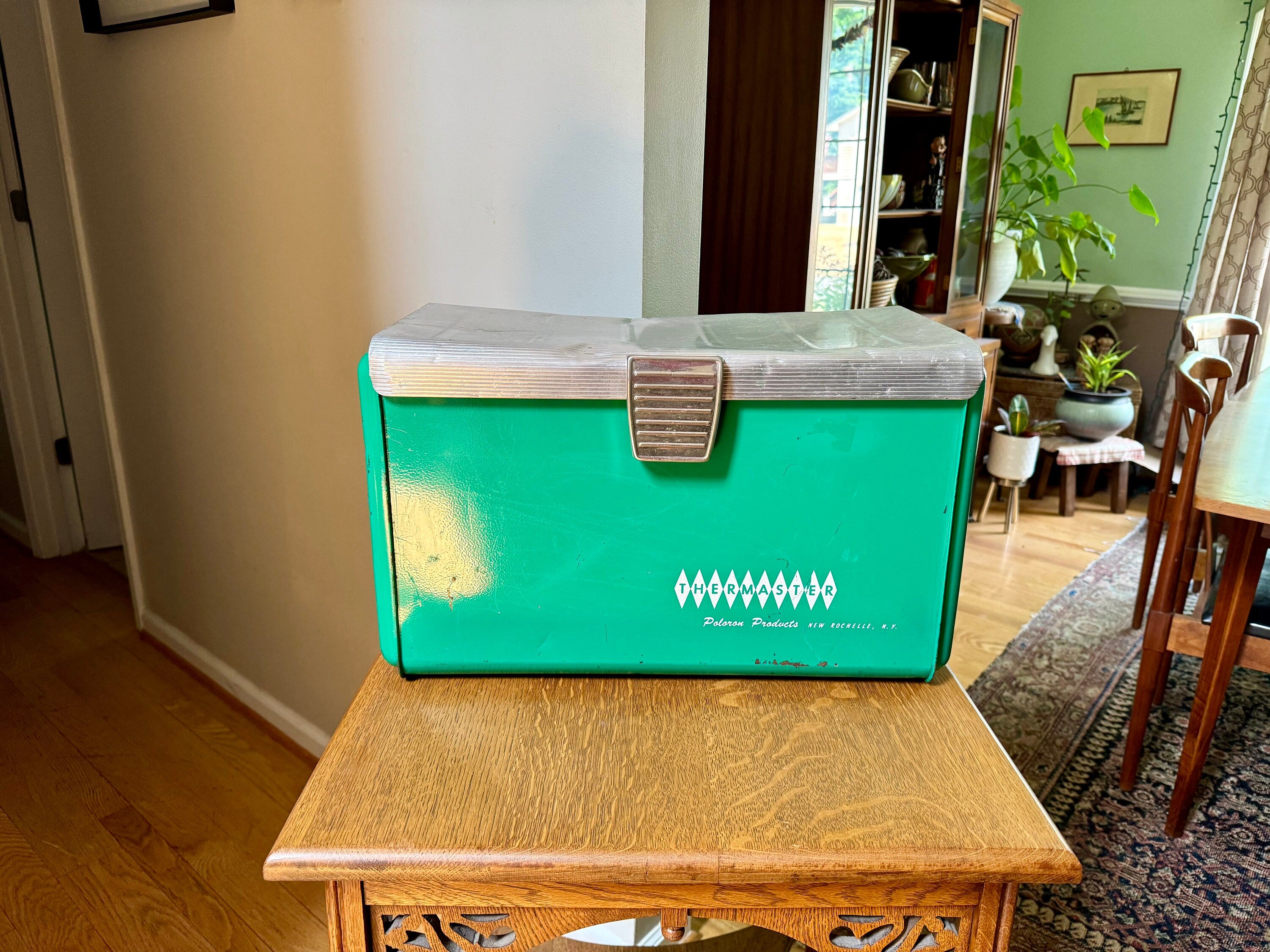 Vintage Poloron Products Cooler | Distressed Green Poloron Thermaster Metal Cooler With Tray | Metal Camping Cooler | Rustic Cooler
