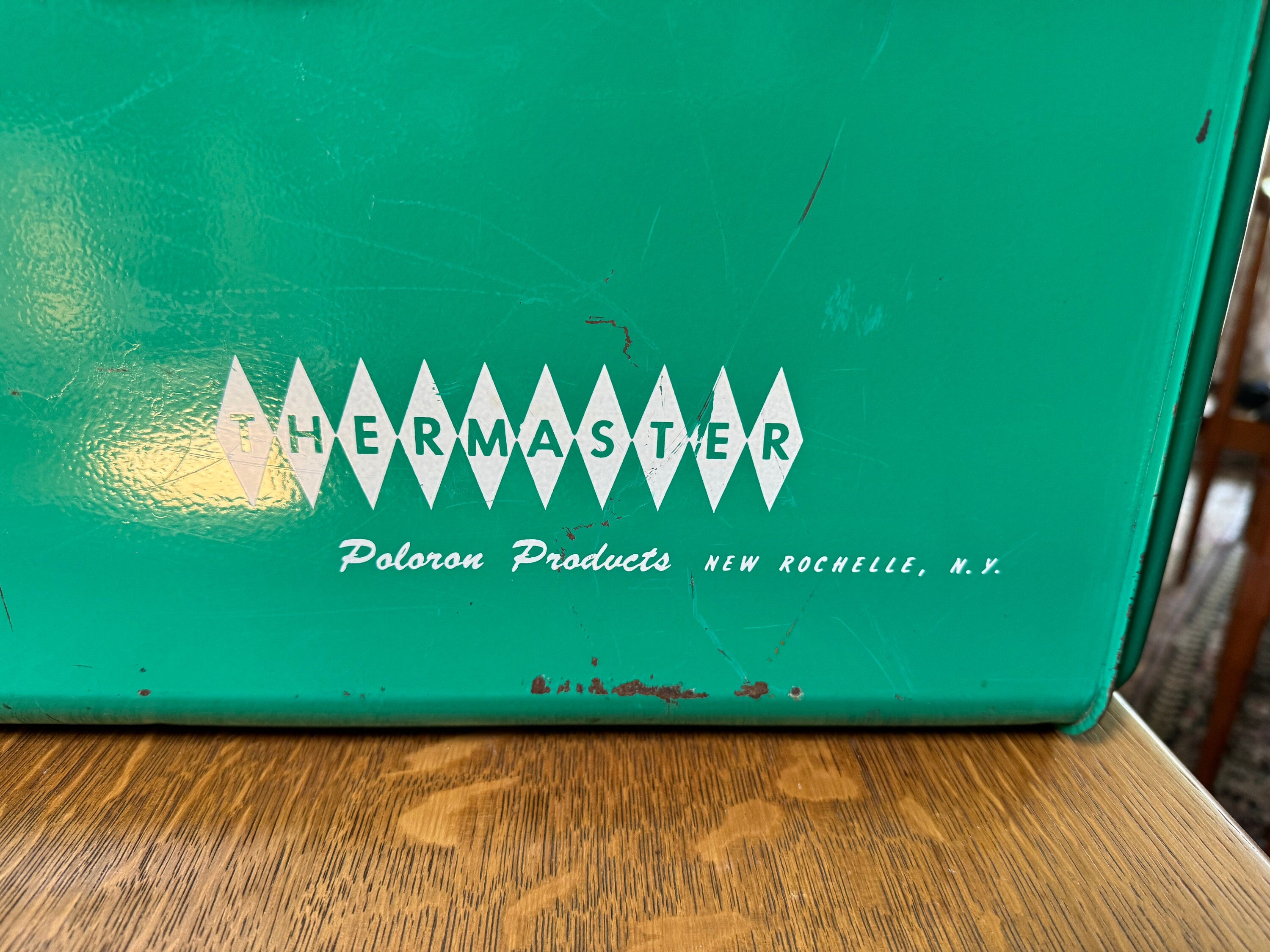 Vintage Poloron Products Cooler | Distressed Green Poloron Thermaster Metal Cooler With Tray | Metal Camping Cooler | Rustic Cooler