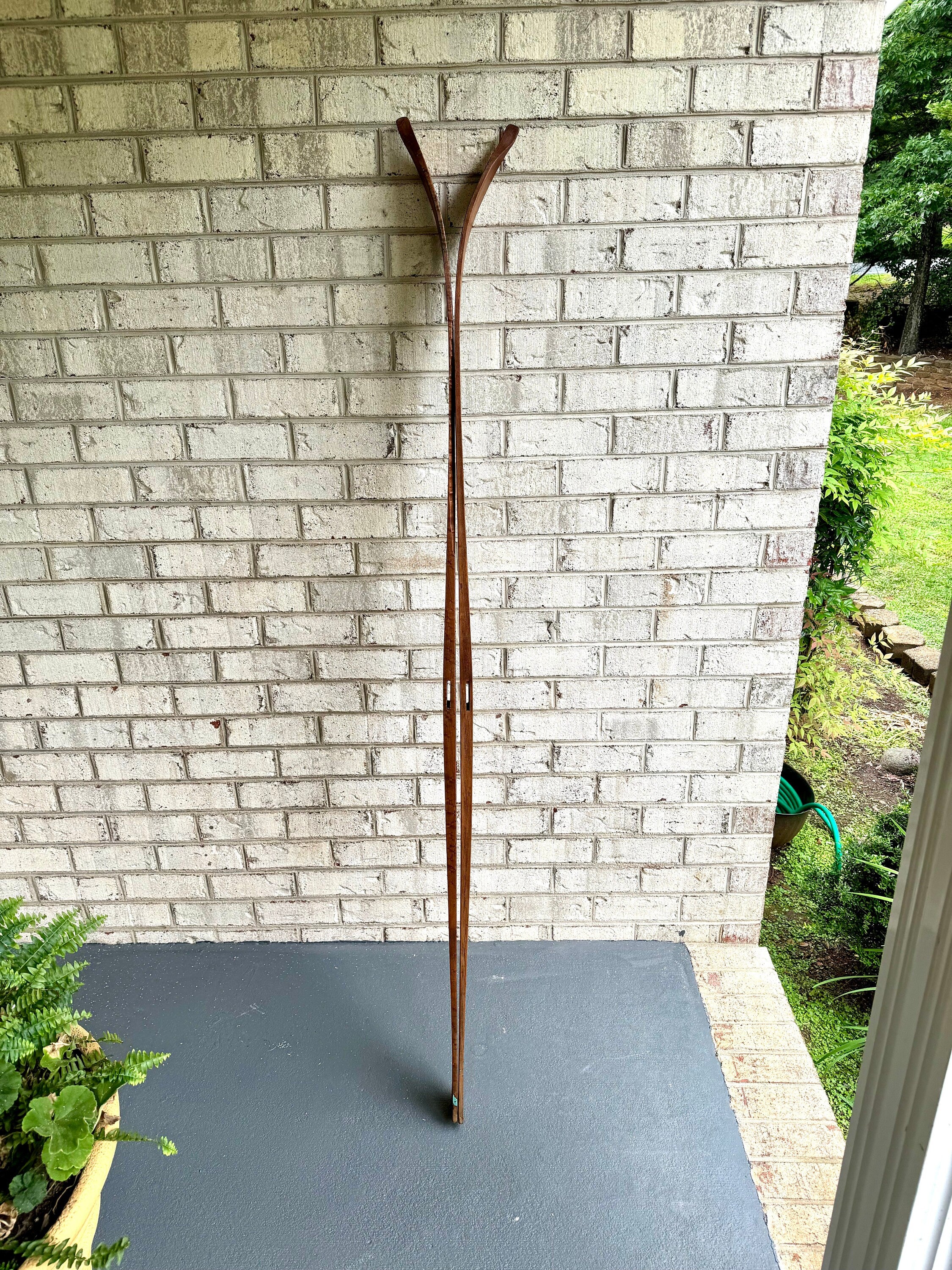 Antique Pair of Strand Wooden Skis | Hickory Wood Skis | Cabin Decor | Antique Snow Skis | Wooden Snow Skis | Leather Bindings Skis