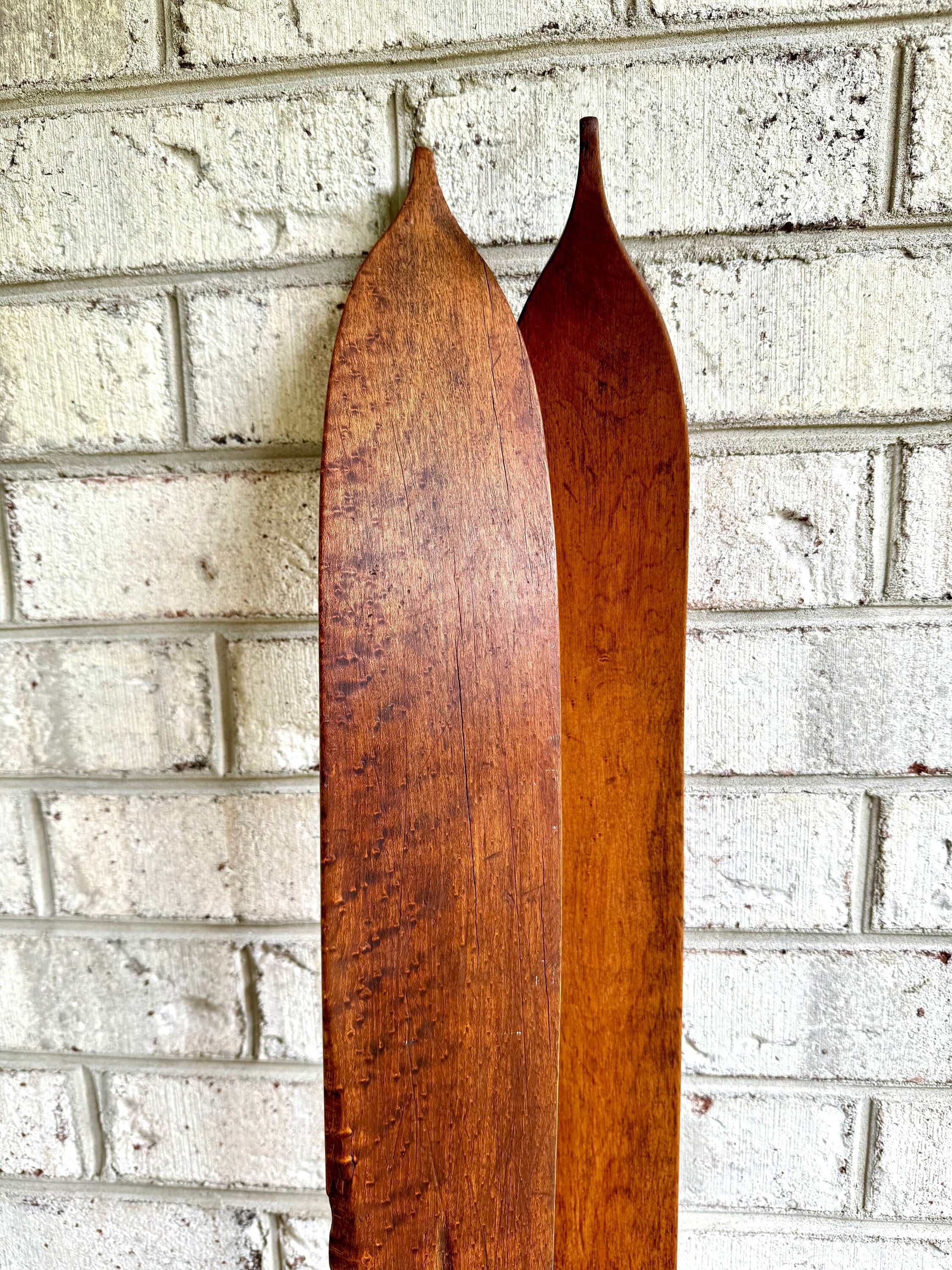 Antique Pair of Strand Wooden Skis | Hickory Wood Skis | Cabin Decor | Antique Snow Skis | Wooden Snow Skis | Leather Bindings Skis