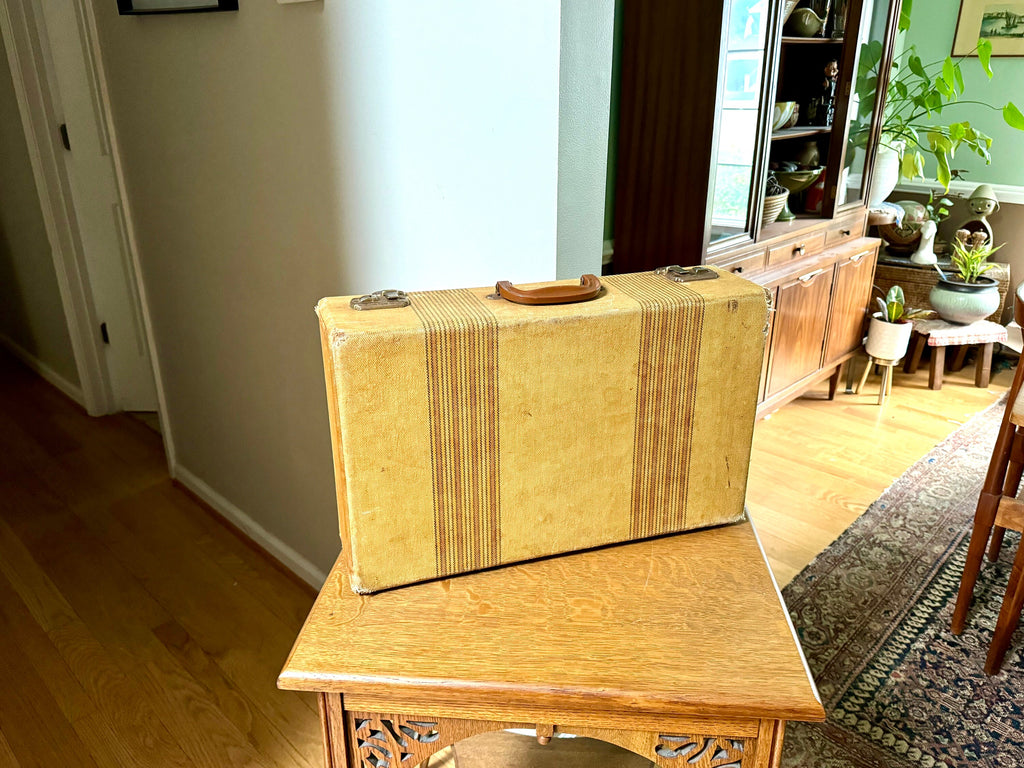 Vintage Wrapped Wood Distressed Hardshell Suitcase | Rustic Striped Hardshell Suitcase | MCM Suitcase | Overnight Bag | Antique Suitcase